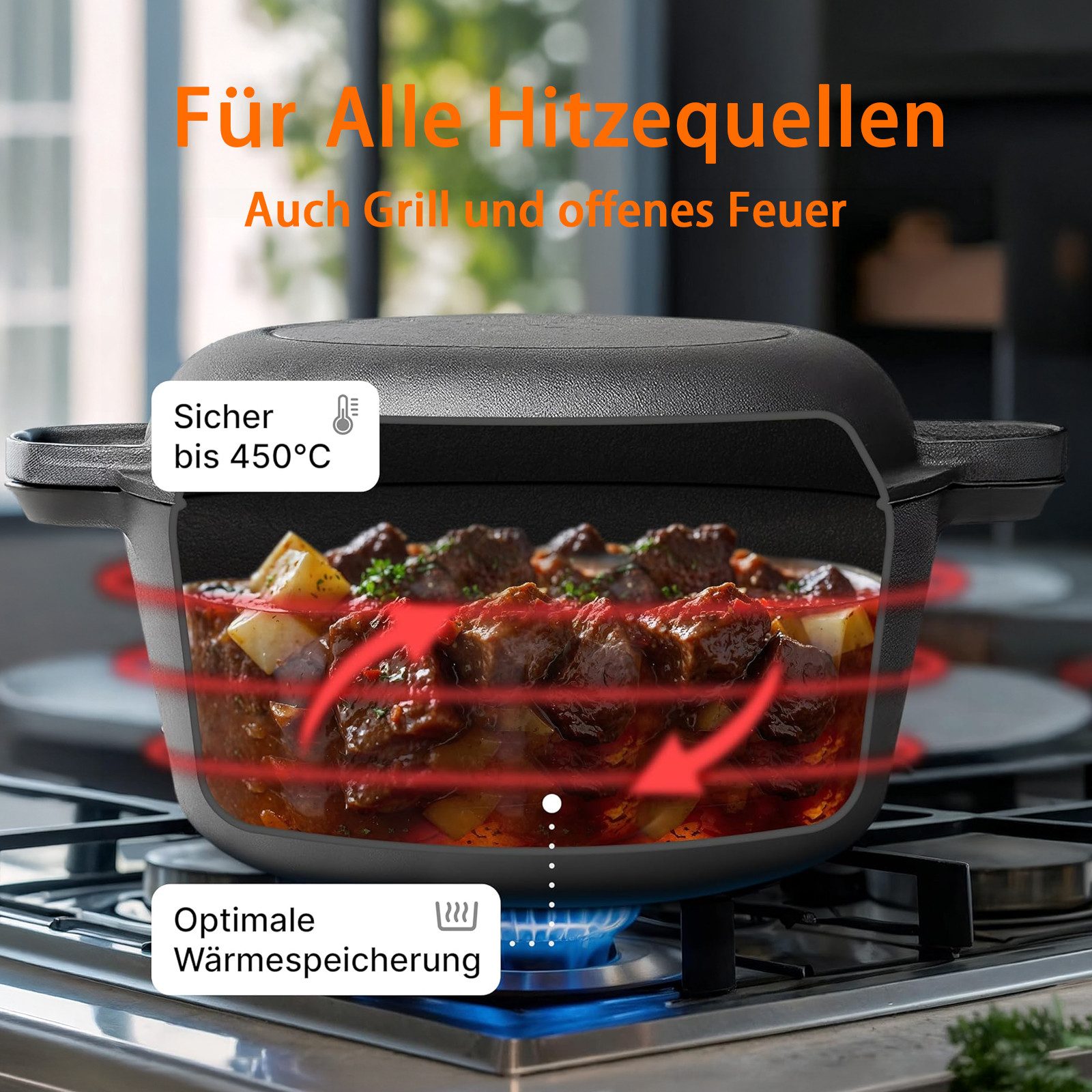 PFCTART Grilltopf Gusseisen Brotbacktopf mit Deckel – Dutch Oven 2-in-1, Gusseisen (Set, 1-tlg., Zum Brotbacken, Braten & Schmoren – inkl. Zubehör Set), Für Bac – Bild 5 von 5