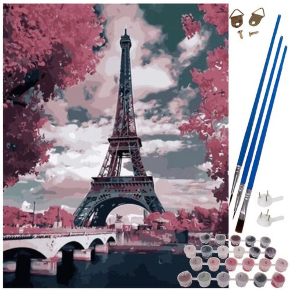 MAALEO Malen nach Zahlen Malset Paris Leinwand (Spar-Set, 1-St., Kunstwerk), Leinwand 40x50 cm auf Holzrahmen, Acrylfarben, 3 Pinsel, Bildvorlage