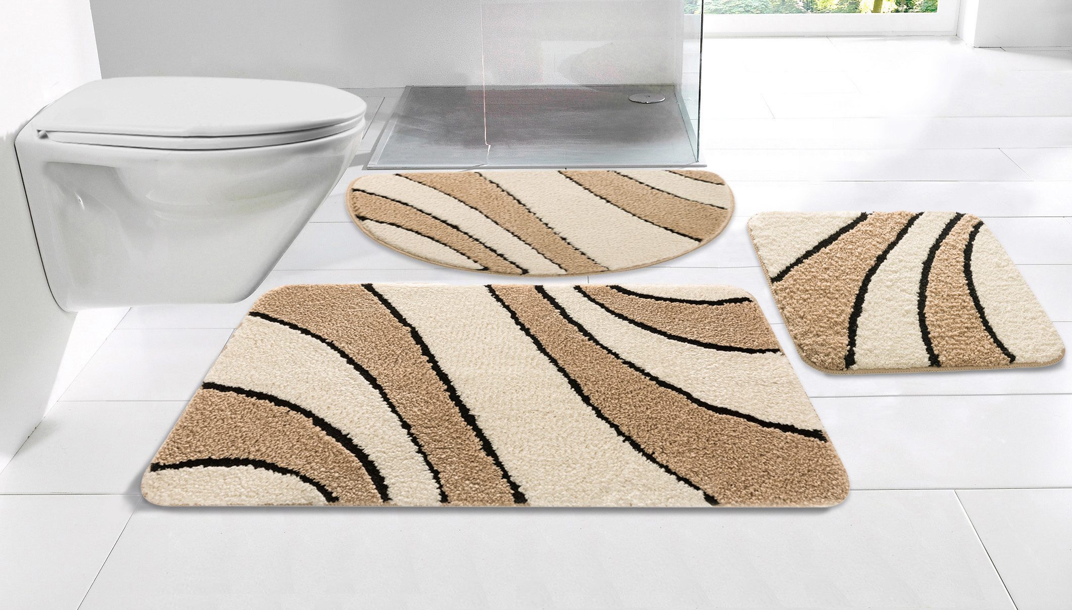 OTTO home Badematte Anna, Badvorleger, Badezimmer Teppich, Höhe 16 mm, rutschhemmend beschichtet, schnell trocknend, fußbodenheizungsgeeignet, Polyester, rechteckig, 3tlg Set Hänge WC, Badteppich, Hoch Tief Effekt, Modern, Weich, Wellen