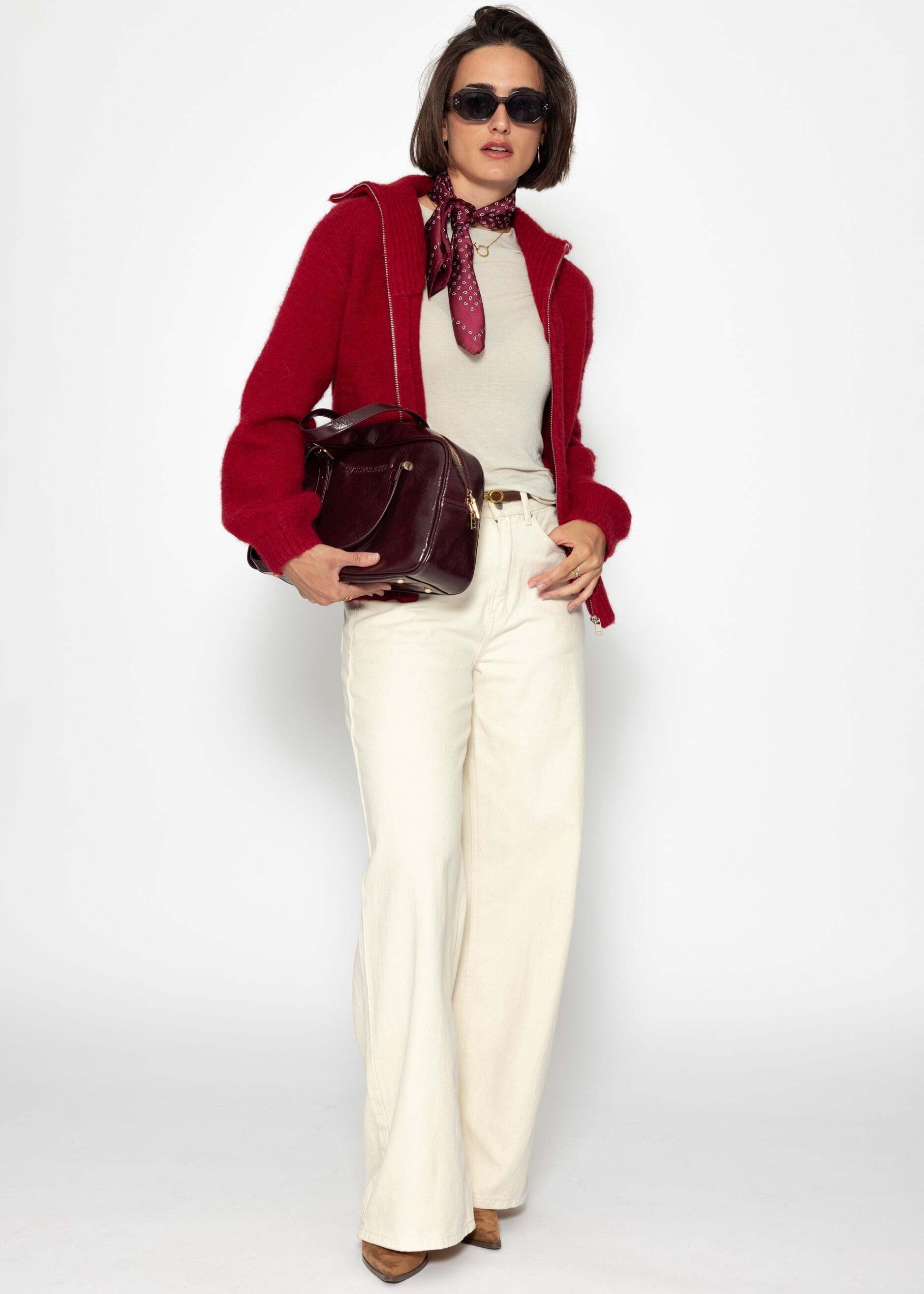 SASSYCLASSY Cardigan Cardigan mit Reißverschluss für Damen Weiche Strickjacke mit modernem Kragen Taupe Offwhite Burgundy