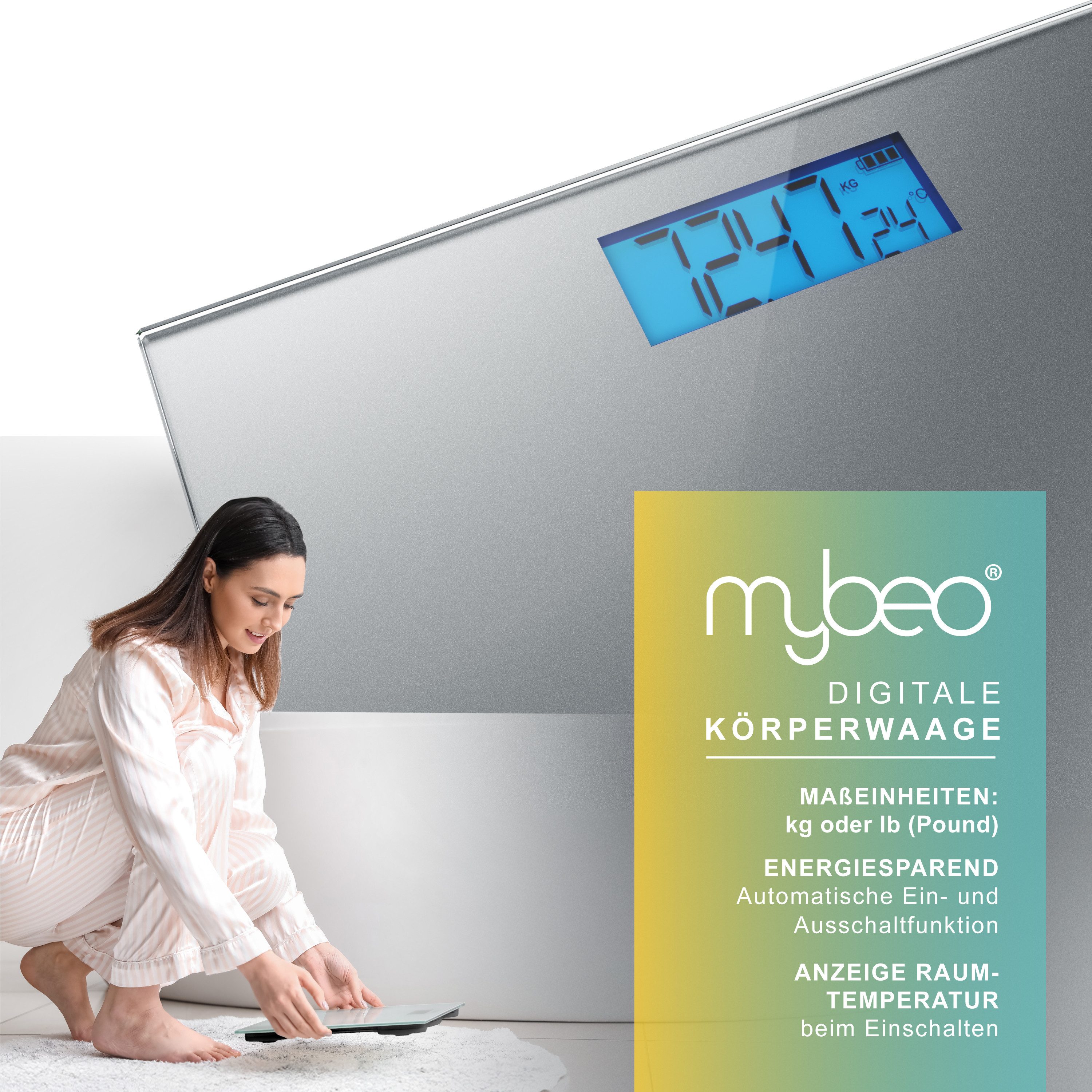 MyBeo Personenwaage digitale Waage für Personen, große Trittfläche aus 6mm Sicherheitsglas, 1-tlg., Badezimmer Digitalwaage, schmales Design, max. Belastung über 150 kg