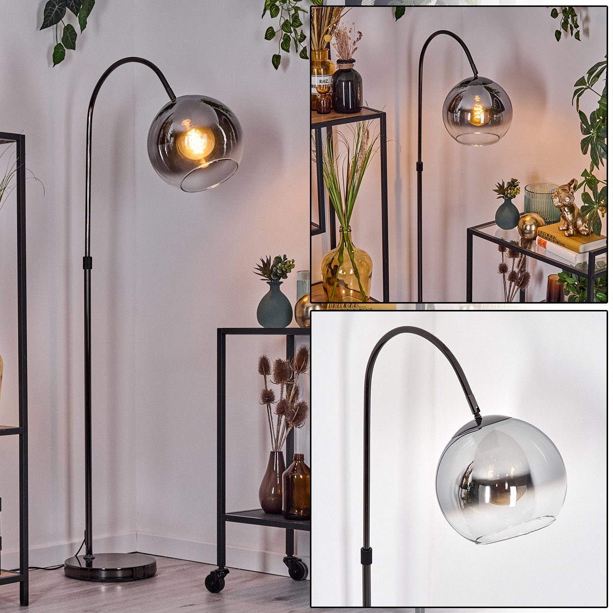hofstein Bogenlampe Stehlampe aus Metall/Glas in Schwarz/Chrom-/Rauchfarben/Klar, verstellbare Stehleuchte im Retro-Design, Fußschalter, 140 cm, E27
