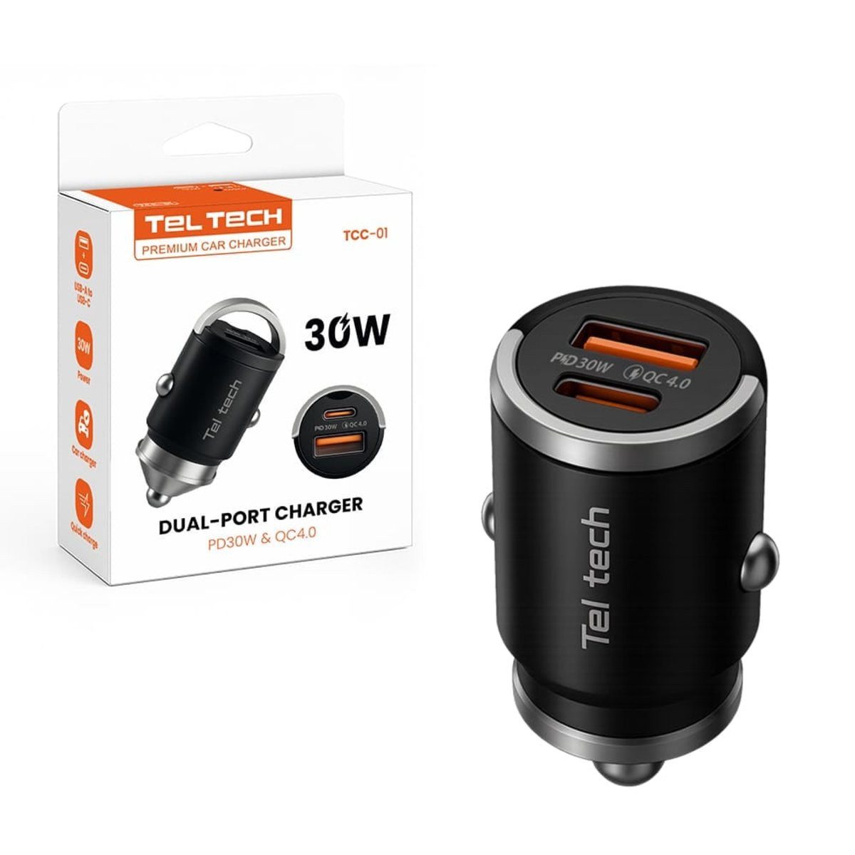 Wisam Teltech Kfz-Ladegerät USB / USB-C 30W QC PD Schwarz TCC-01 Smartphone-Ladegerät