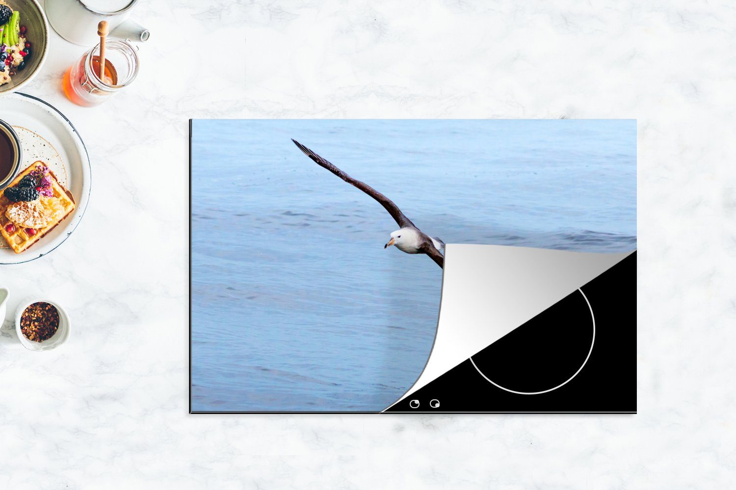 MuchoWow Herdblende-/Abdeckplatte Albatros - Ceranfeldabdeckung (1 cm, Meer 81x52 die Schutz für - küche, Vinyl, Induktionskochfeld tlg), Schwarz