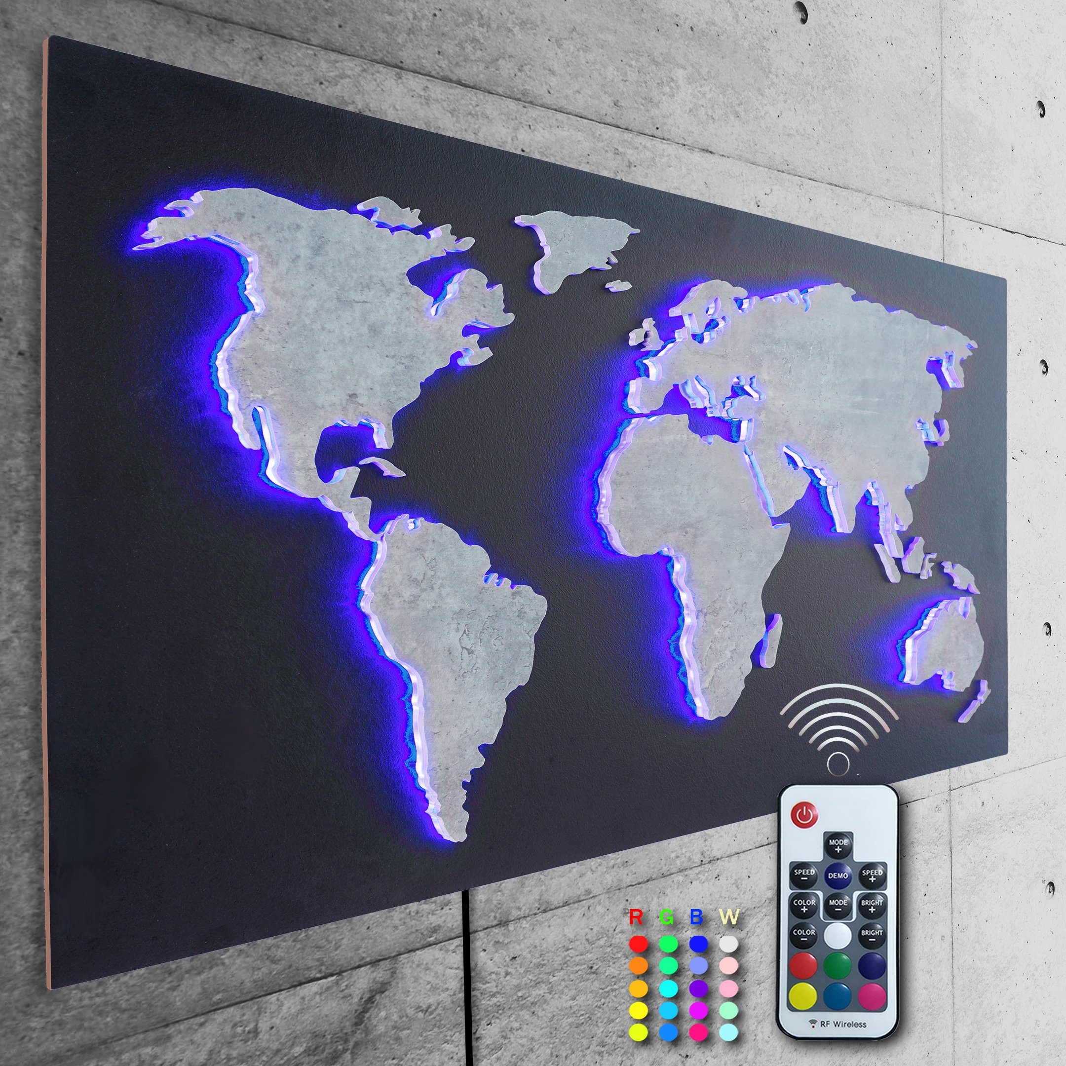 Designer Weltkarte Objekt ZENLED bunt Fernbedienung - Länder LEDs Kontinente 110x57cm Rückplatte 3D-Effekt, umleuchtet Beton-Grau RGB Wanddekoobjekt mit MAPPA über LUX STEIN-Optik Granit-Schwarz, steuerbaren