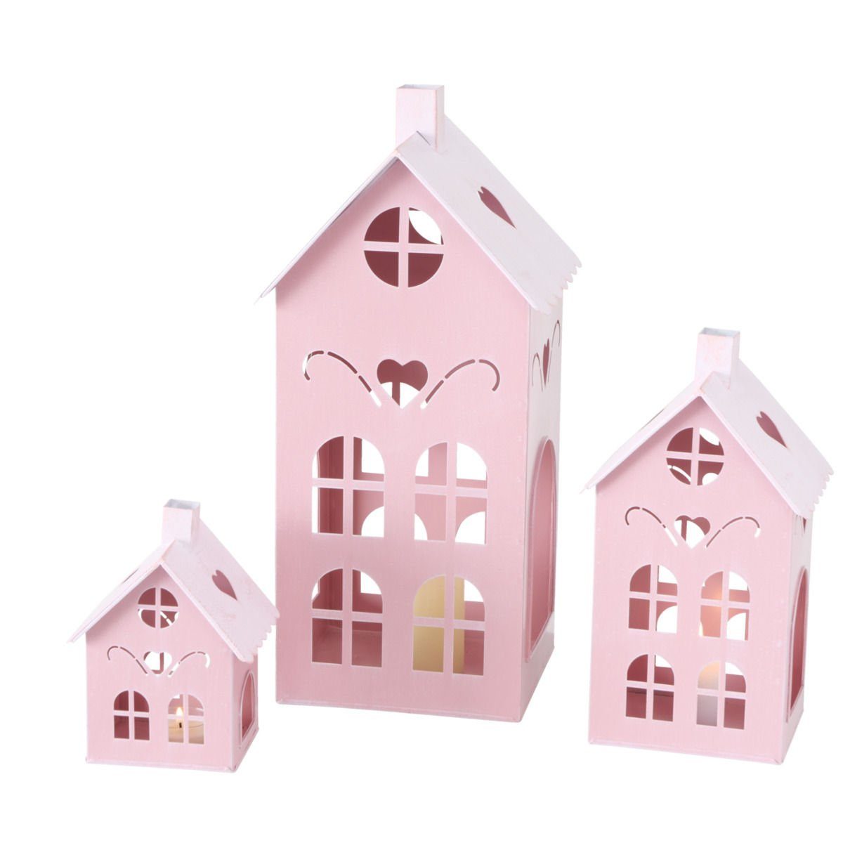 Spetebo Kerzenlaterne Laterne KUFSTEIN 3er Set 40 / 26 / 17 cm - rosa, Metall Windlicht pink in Haus Form mit Herzen
