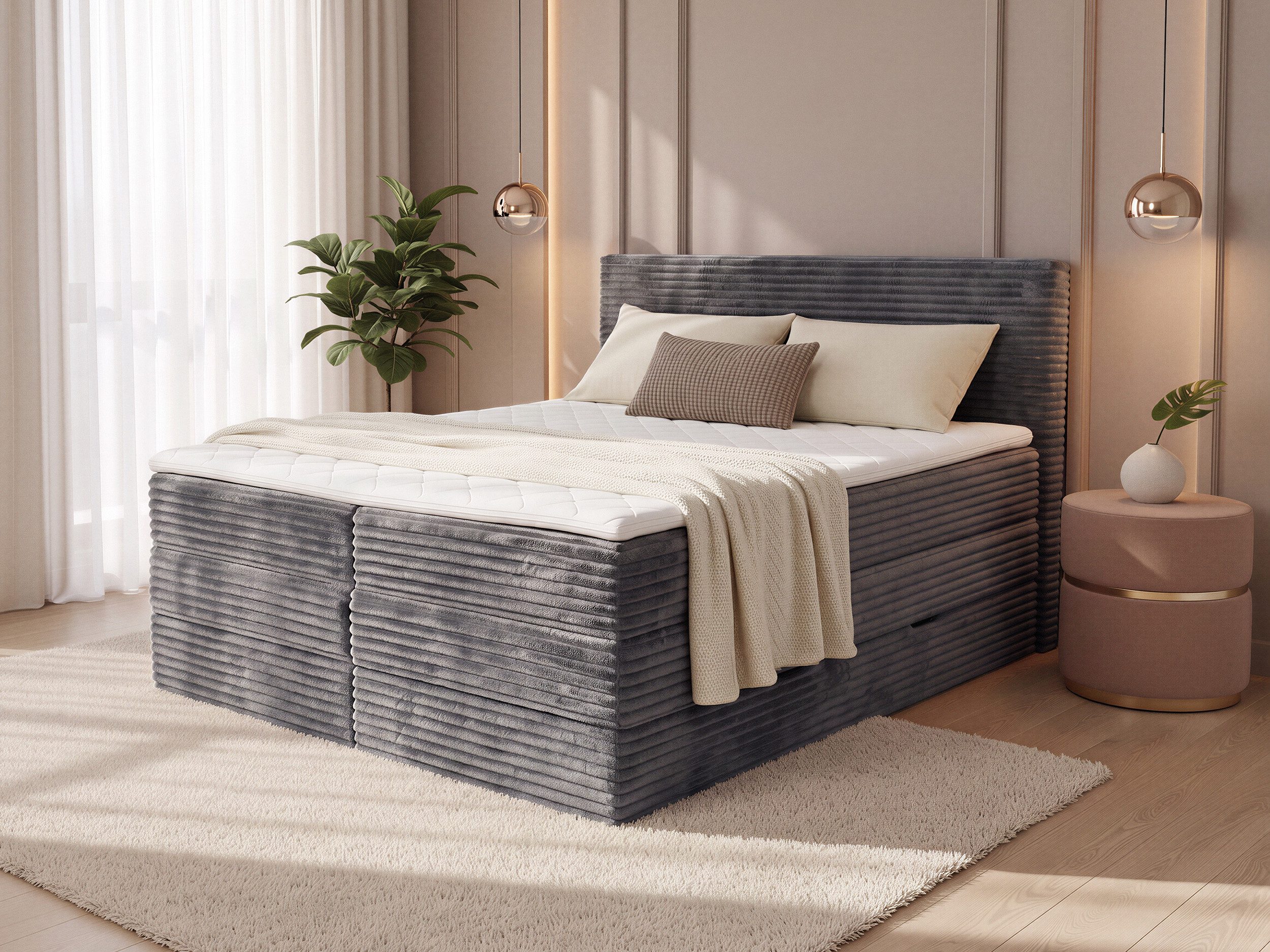 Sofnet Boxspringbett Mollo XL (2x Bettkästen, Bonellfederkern- und Taschenfederkernmatratze, Topper), Polsterbett, Doppelbett, Cord Bezug, mit Kopfteil, 140/160/180x200 cm