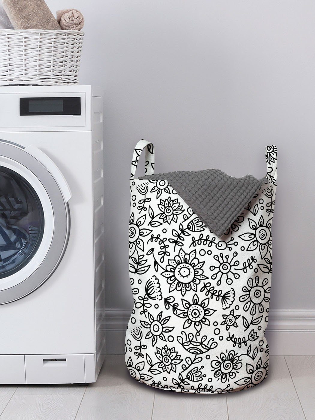 Schwarz Abakuhaus und Wäschesäckchen mit weiß Waschsalons, Kordelzugverschluss Wäschekorb für Blumenskizze Griffen