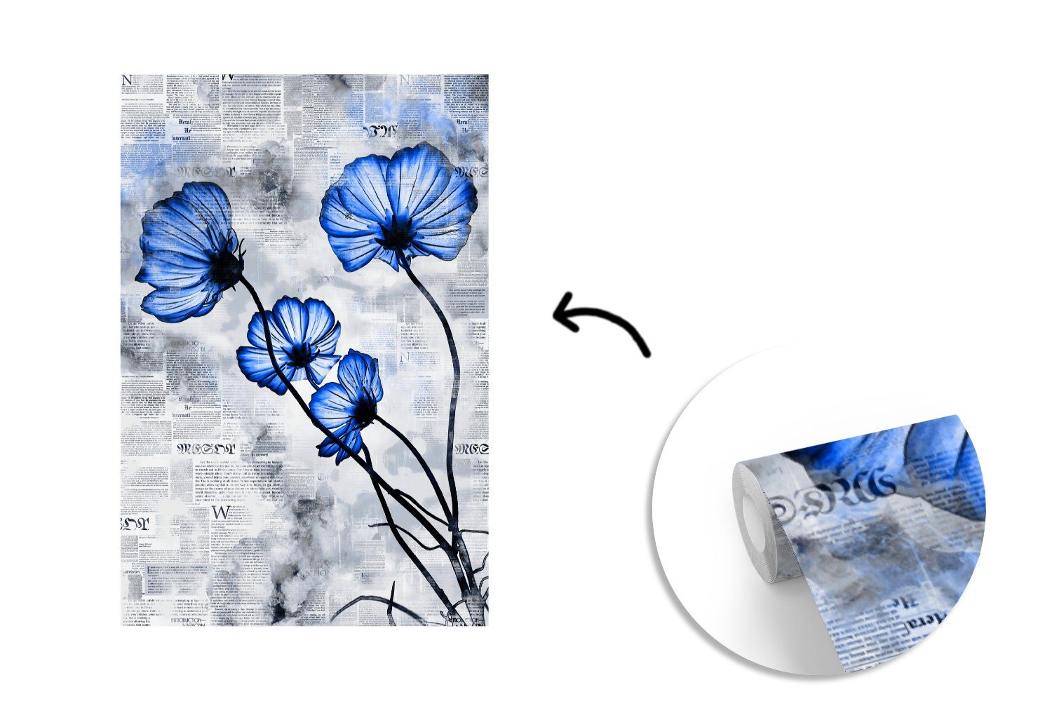 MuchoWow Fototapete Zeitungspapier (3 Blau, Tapete Blumen Matt, für Vinyl - Wandtapete Wohnzimmer, St), - bedruckt, Montagefertig