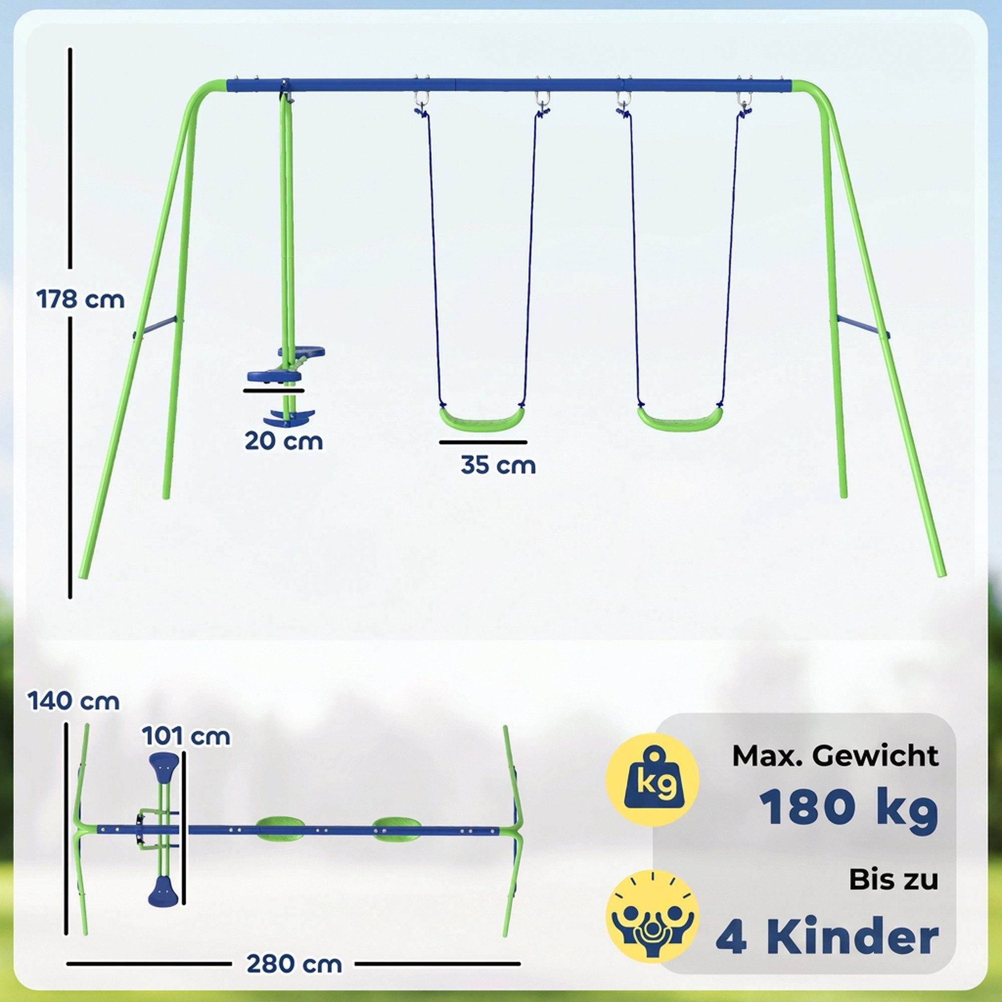 Outsunny Schaukelgestell Kinderschaukel mit Wippe, Outdoor, ab 3 Jahre, 280x140x178 cm, (Kinderschaukel, 4-tlg., Schaukelgerüst), mit Metallgestell, verstellbar – Bild 3 von 5