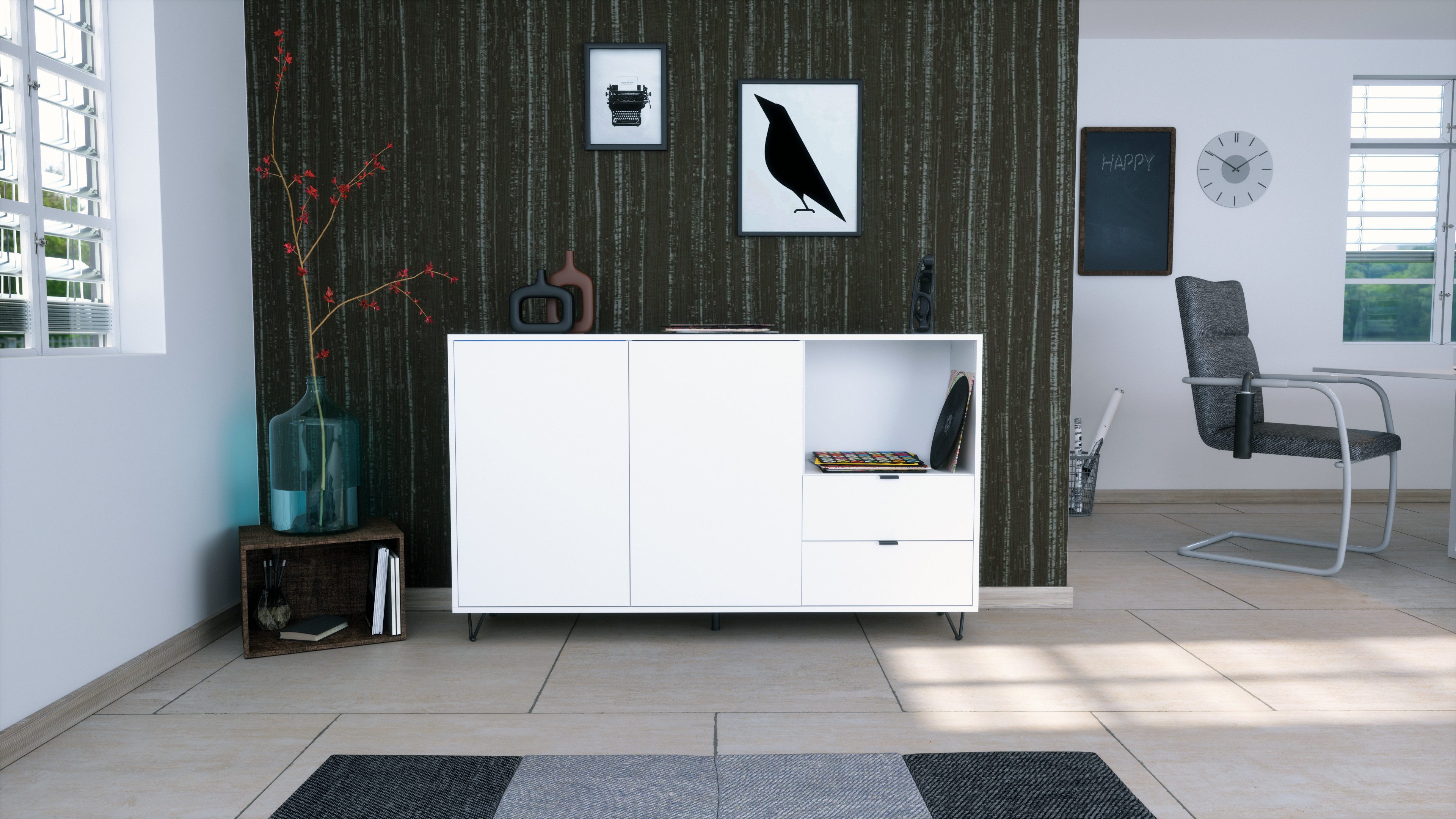 Vladon Sideboard Marino (Kommode mit 2 Türen Weiß matt, 2 Schubladen Weiß matt, Made in Germany), Korpus Weiß matt (152,5 x 90,5 x 37 cm)