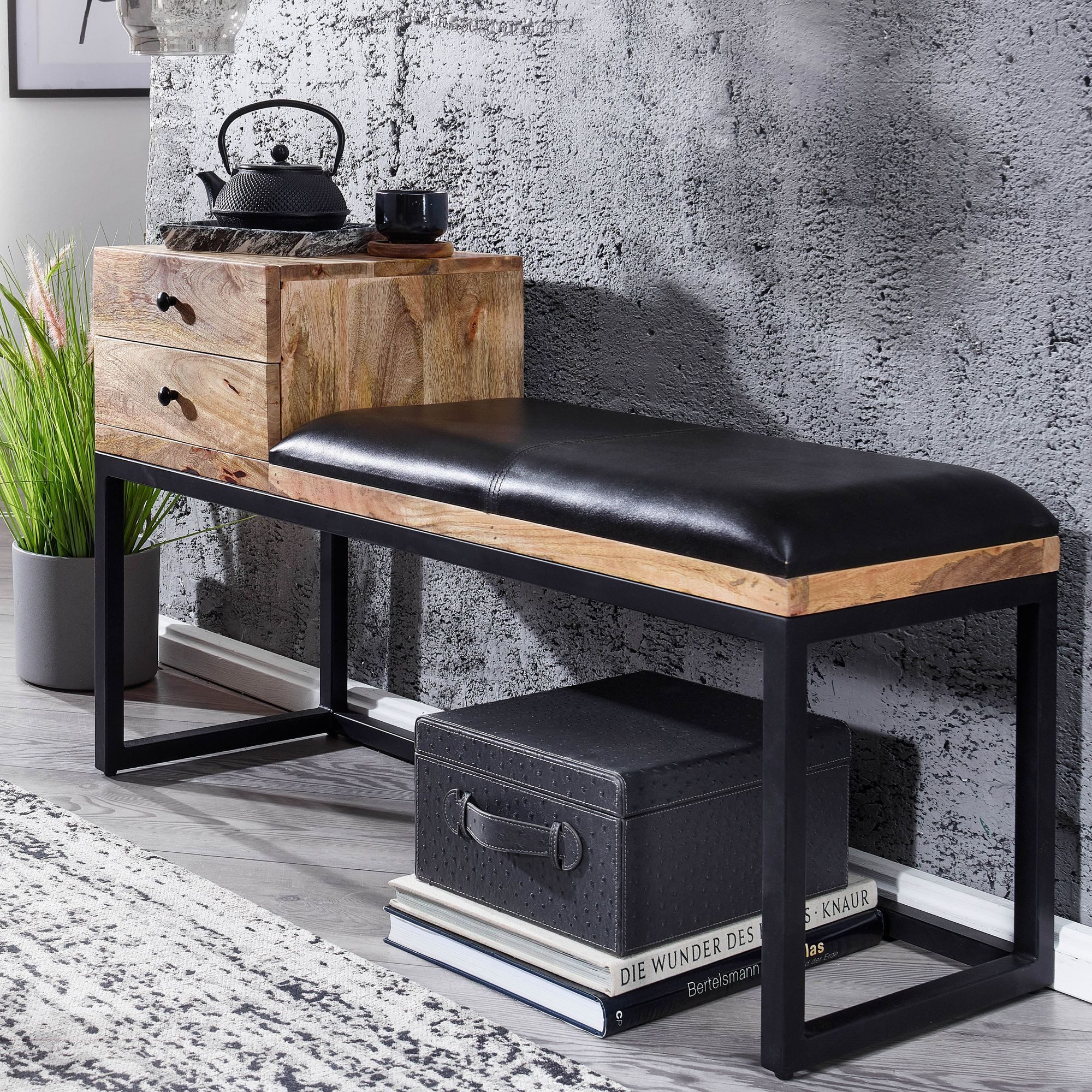 furnicato Bank Sitzbank Vollholz Ziegenleder 100x60x35 cm Schwarz-Braun (1-St), Flurbank mit zwei Schubladen und Ziegenleder-Sitzfläche für Flur