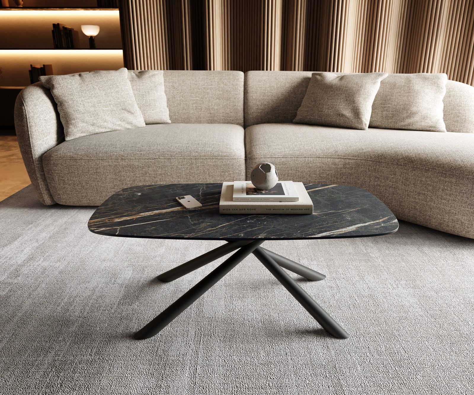 DELIFE Couchtisch Edge, Boot 100x50 cm Keramik Laminam® Noir Desir Braun Sarity Metall Schwarz