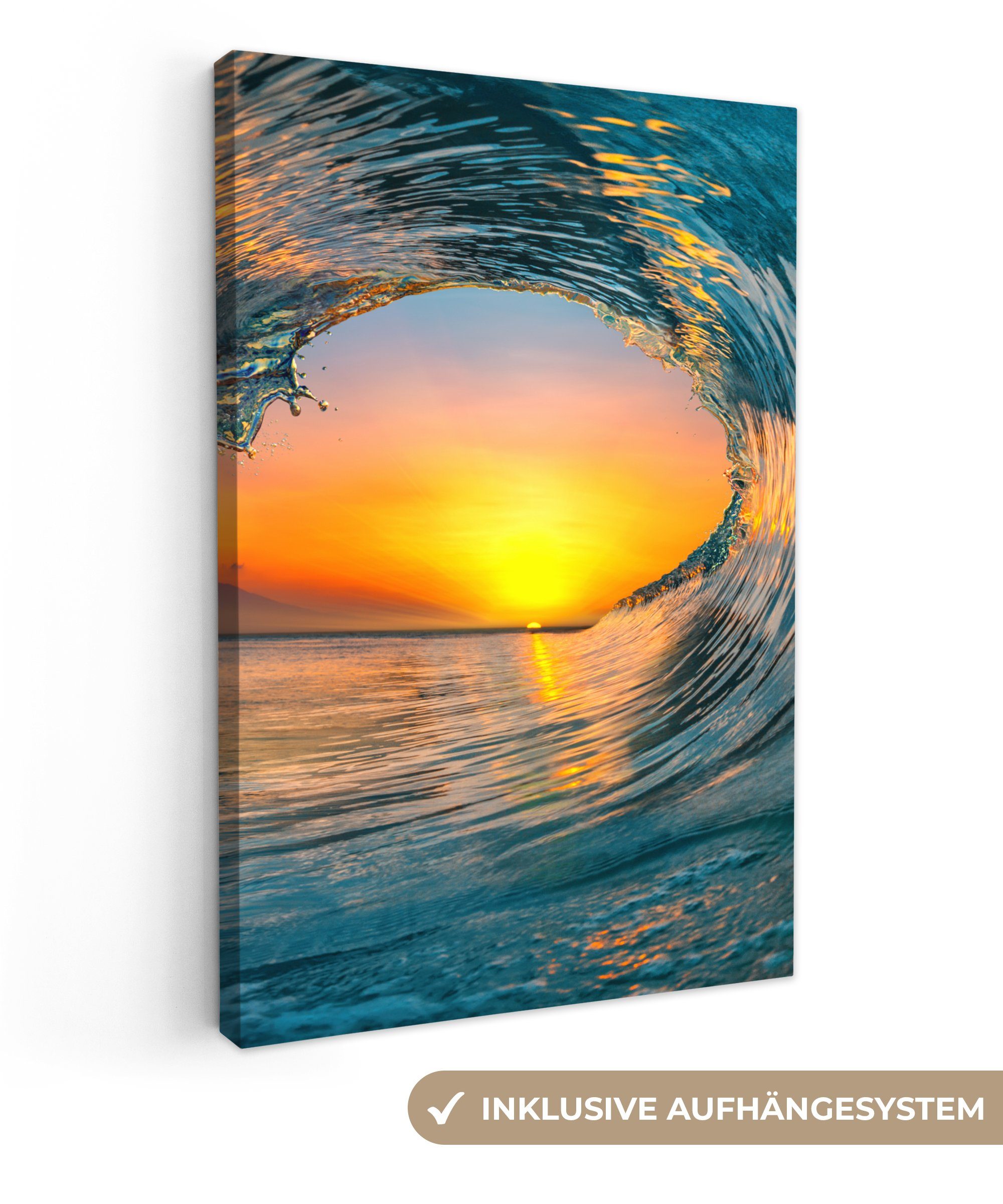 OneMillionCanvasses® Leinwandbild Sonnenuntergang - Wasser - Welle - Orange, Fotodruck (1 St), Leinwand Canvas Wandbild, Wanddekoration 20x30 cm