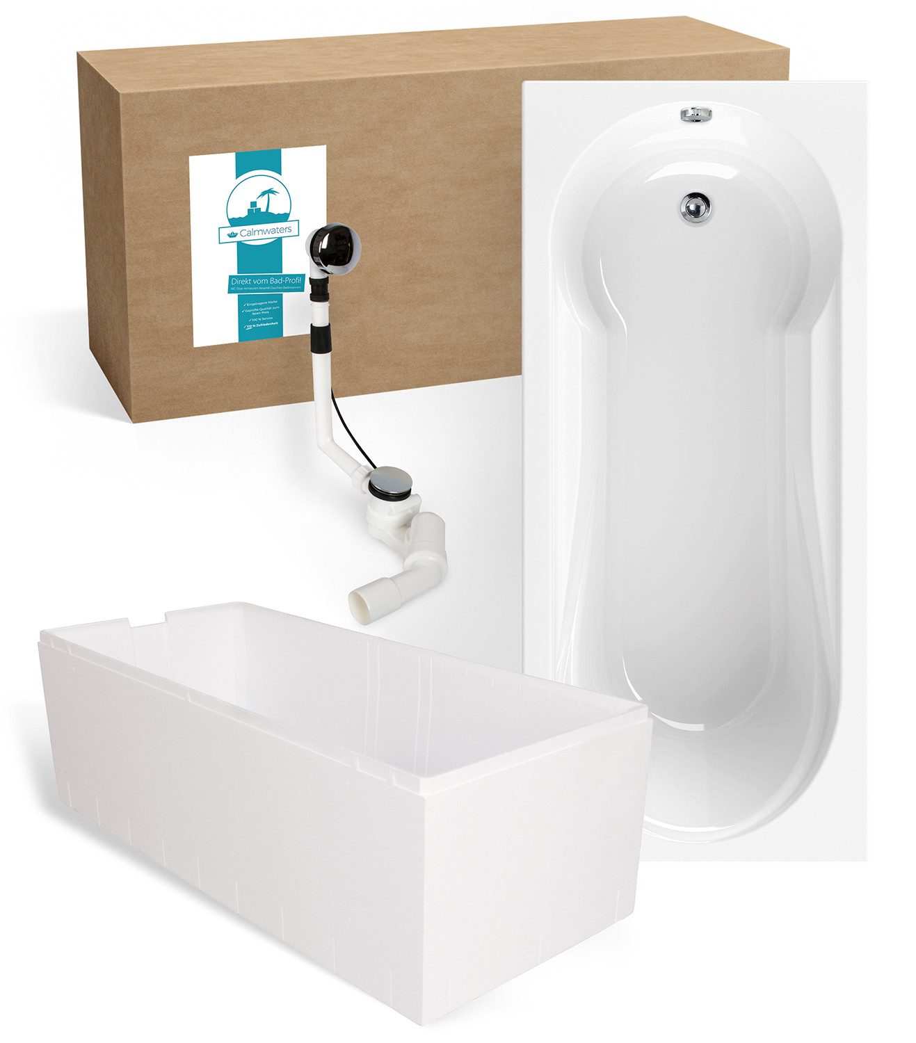 Calmwaters Badewanne Modern Small 2, (3-tlg), 180 x 80 cm, Duschbereich, Wannenträger, Ablaufgarnitur, 99000167