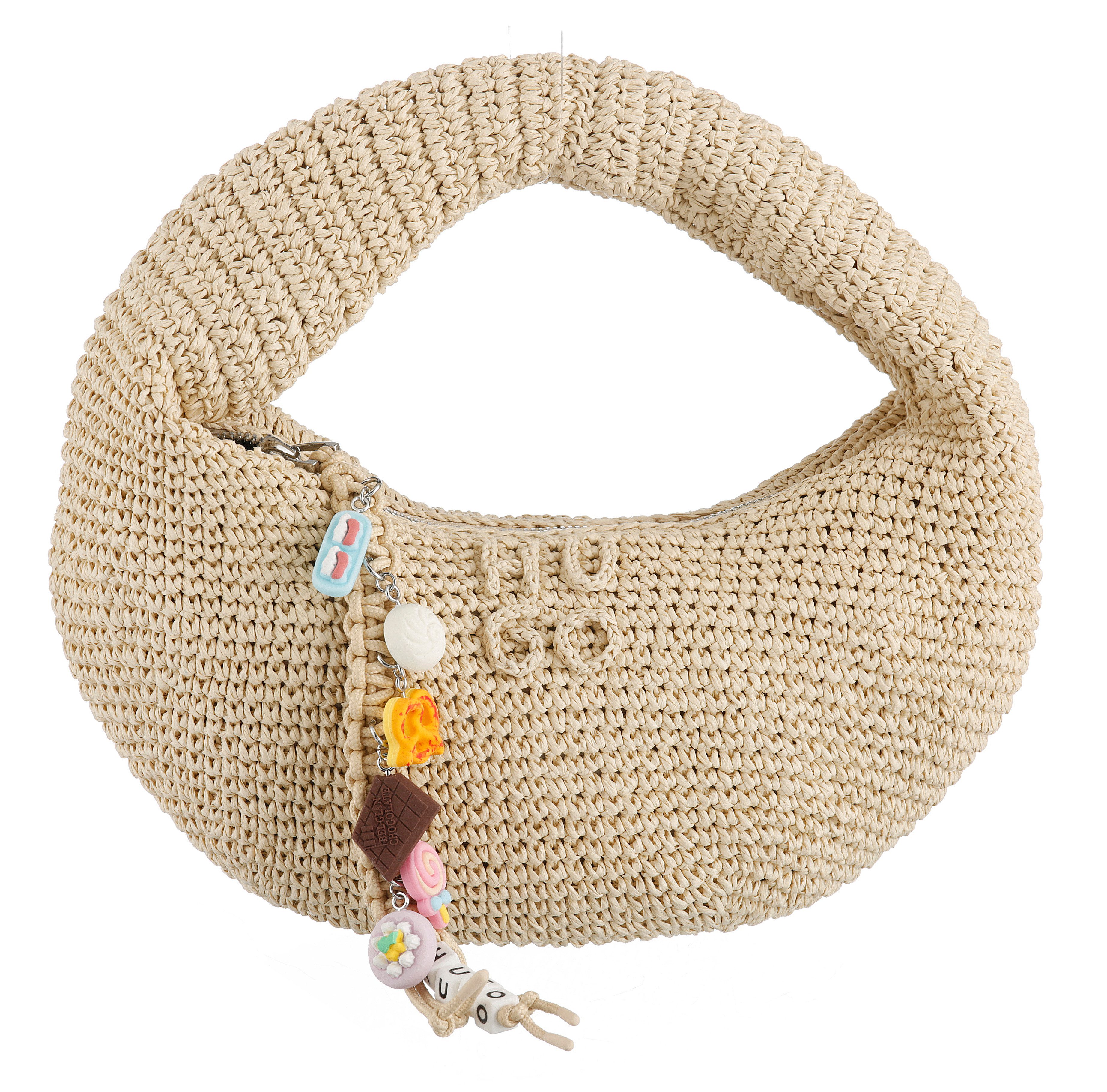 HUGO Schultertasche Zeya, Bast-Tasche, Urlaubstasche mit süßen Anhängern