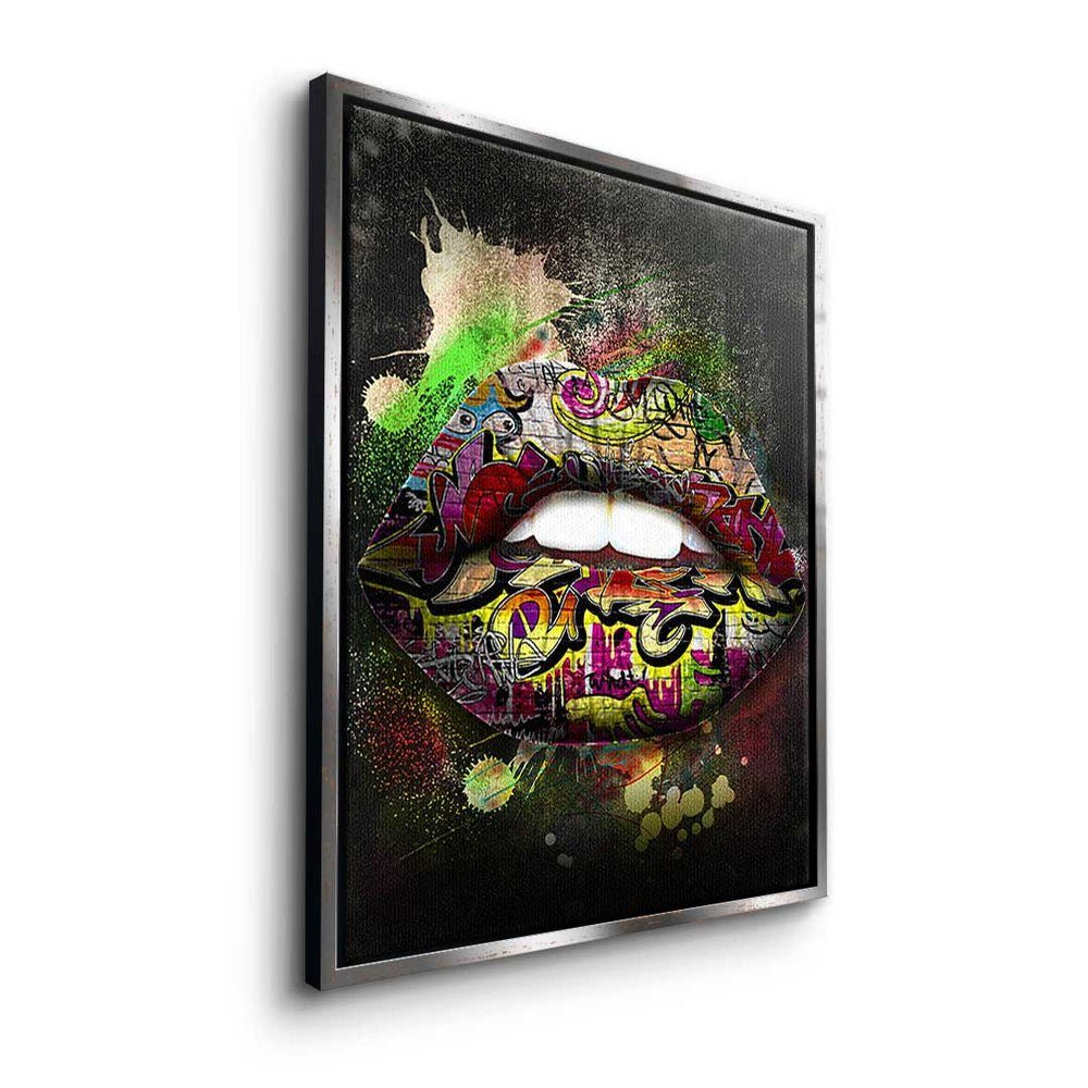 - Rahmen Graffiti Pop Leinwandbild, DOTCOMCANVAS® modernes - Art Leinwandbild Lips Premium - ohne Wandbild