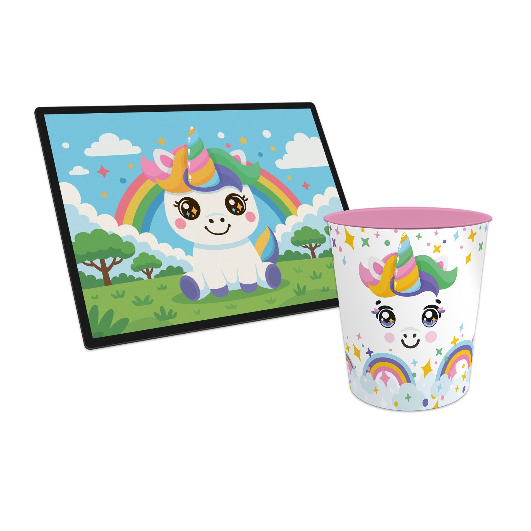 itenga Schreibtischunterlage itenga Papierkorb mit Schreibunterlage KAWAII Motiv EINHORN Set