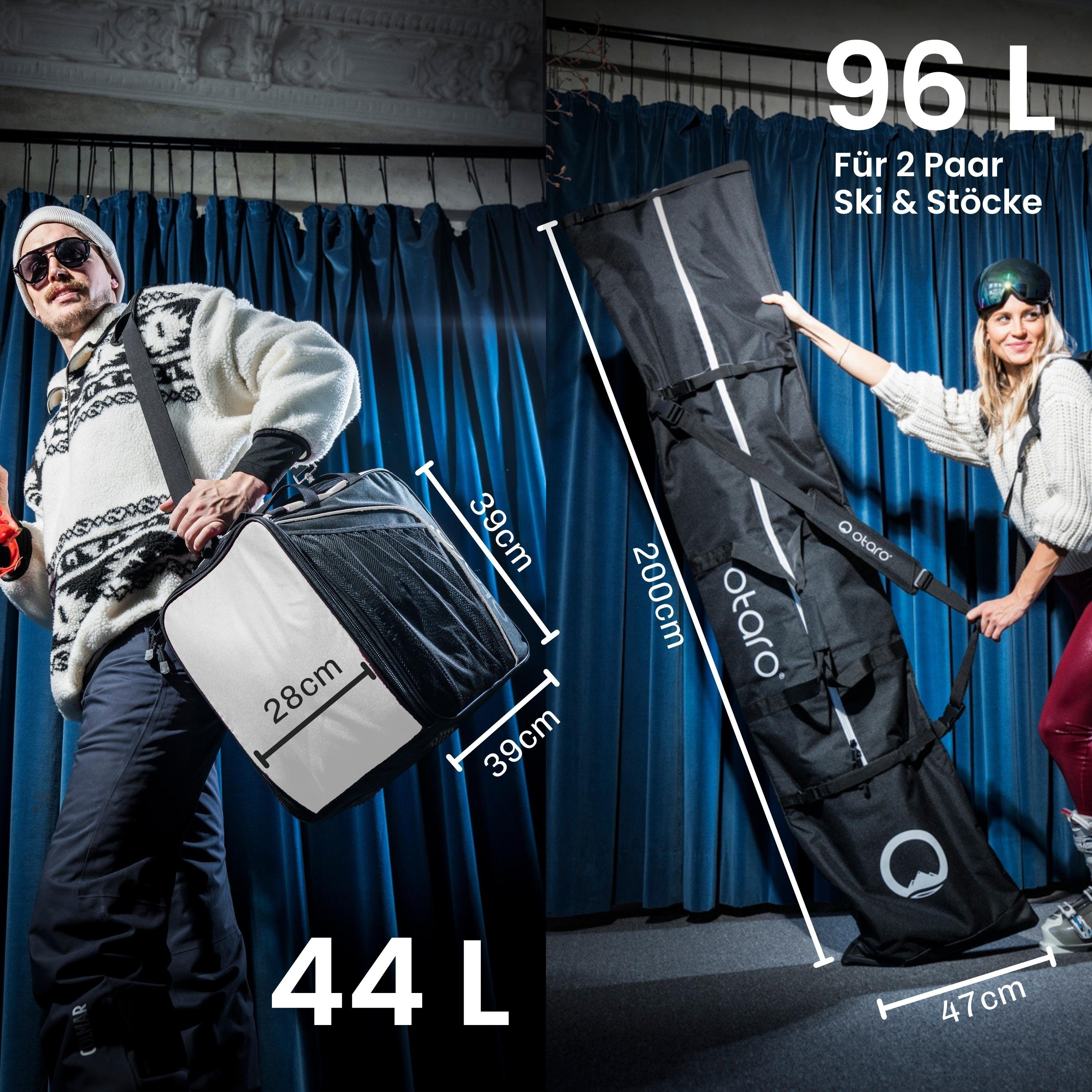 Otaro Sporttasche Set: deine Perfekt 2 Schwarz Classic-Set ausklappbare Skitasche, Ski & für für für Skischuhtasche Paar Ausrüstung, 2 (Schutz Ski durchdacht, Standfläche, Paar Frostweiß + Stöcke)