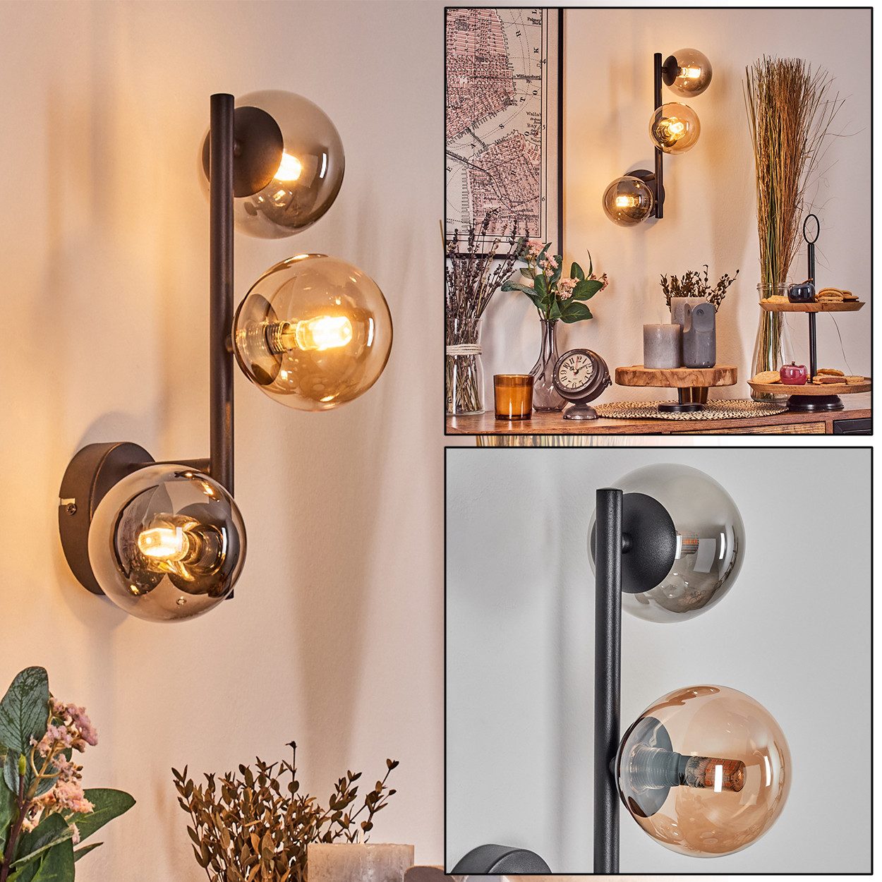 hofstein Wandleuchte Wandlampe aus Metall/Glas in Schwarz/Rauch-/Bernsteinfarben, ohne Leuchtmittel, moderne Wandleuchte im Retro/Vintage-Design (Schirme 10 cm), G9