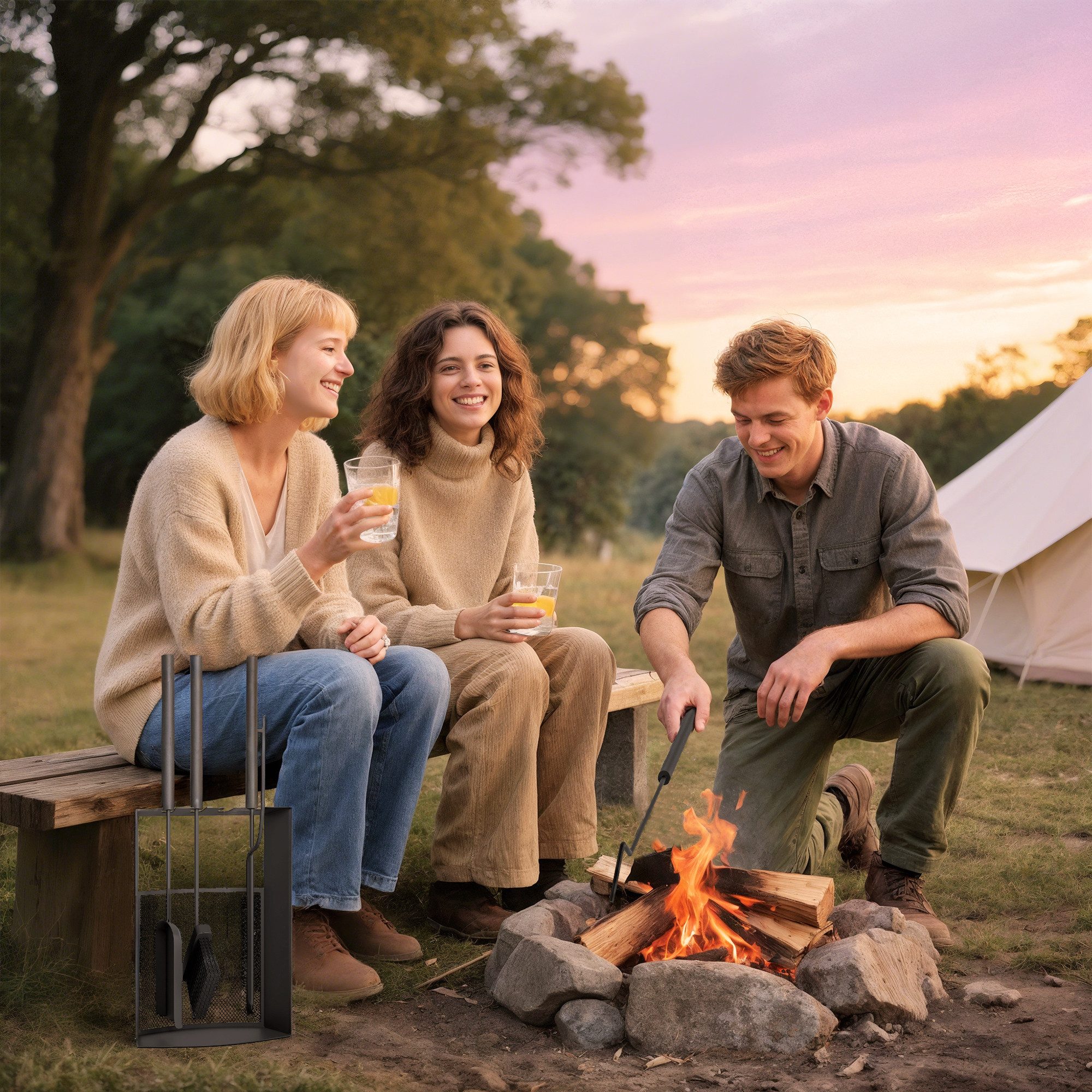 Outsunny Kamingitter Besen (Schaufel, 5-tlg., Schürhaken), Zange, Ständer, Schwarz