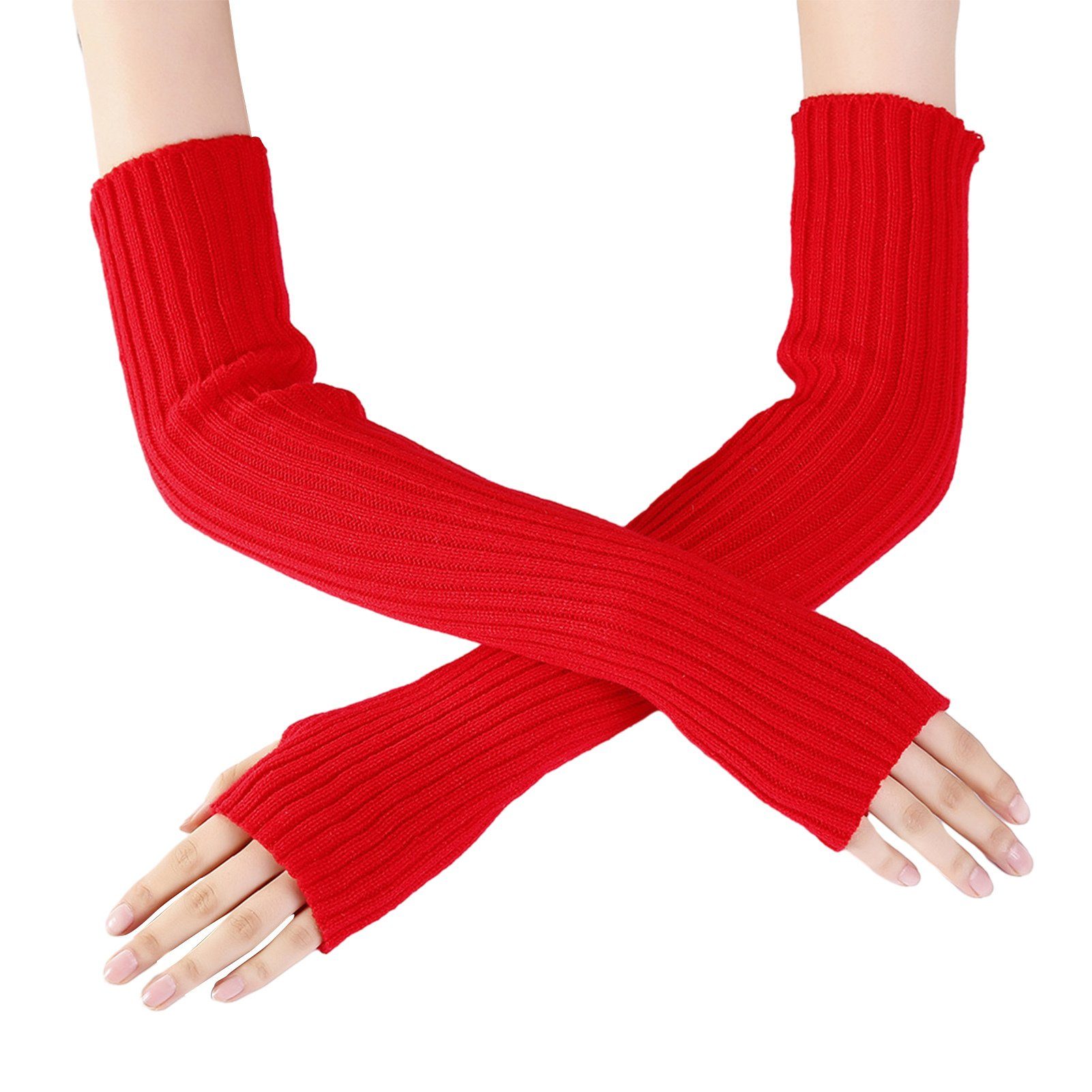 Blusmart Strickhandschuhe Winterhandschuhe Zum Warmhalten, Lange Fingerlose Handschuhe, Bequeme Strickhandschuhe Rot