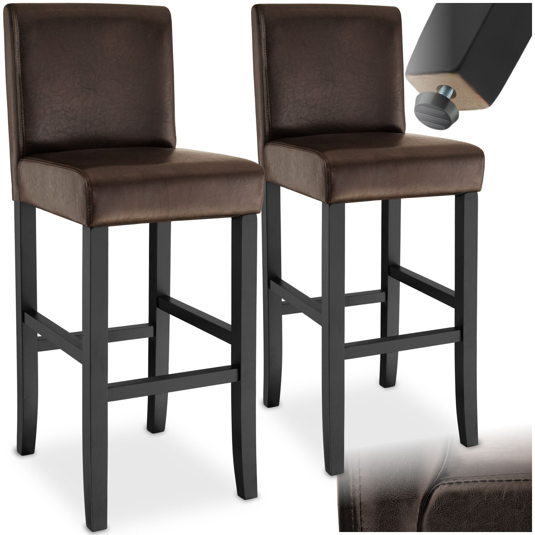 tectake Barhocker Bistrostuhl, Sitzhöhe gepolstert mit Rückenlehne, 76 cm (Barstuhl, in braun), Bezug aus Kunstleder, Stuhlbeine aus Massivholz, mit Fußstützen