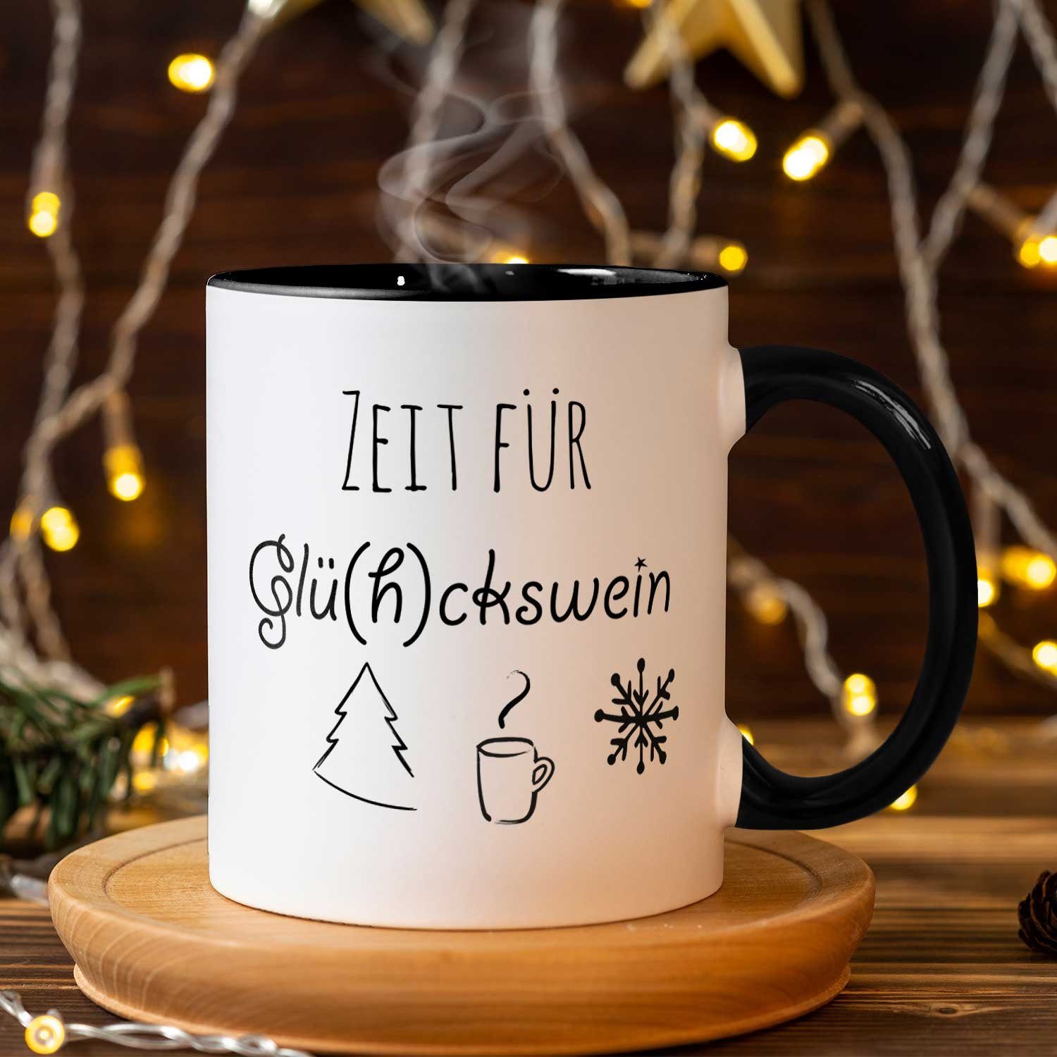 GRAVURZEILE Tasse mit Weihnachtsmotiv - Glückswein Frauen Weihnachten, und Schwarz Geschenke & für - - Weiß Männer Spülmaschinenfest zu Zeit für