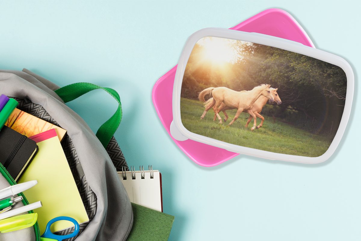Erwachsene, Sonne, - Wald Kunststoff (2-tlg), MuchoWow - Pferde Mädchen, Lunchbox Kinder, Brotdose Snackbox, für rosa Kunststoff, Brotbox