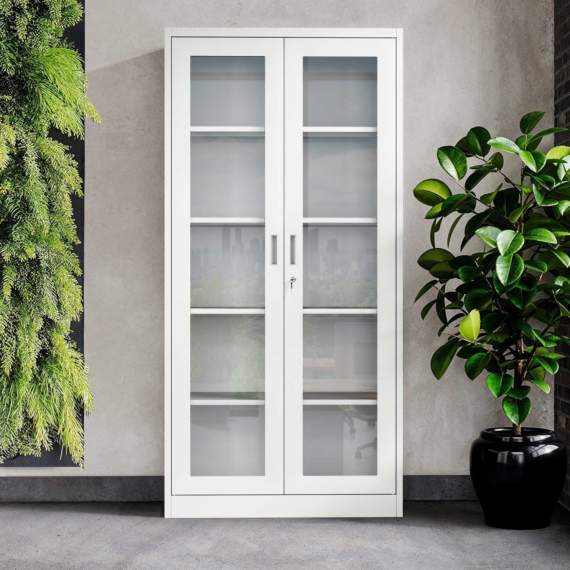 Jan Nowak Vitrine Metall Vitrinenschrank abschließbar 90 cm AMELIA Glasscheiben (Stahl 0,6 mm Wandmontage möglich PZH-zertifiziert 185 cm) Büroschrank 50 Ordner Schloss 2 Schlüssel 4 Böden 6 Farben