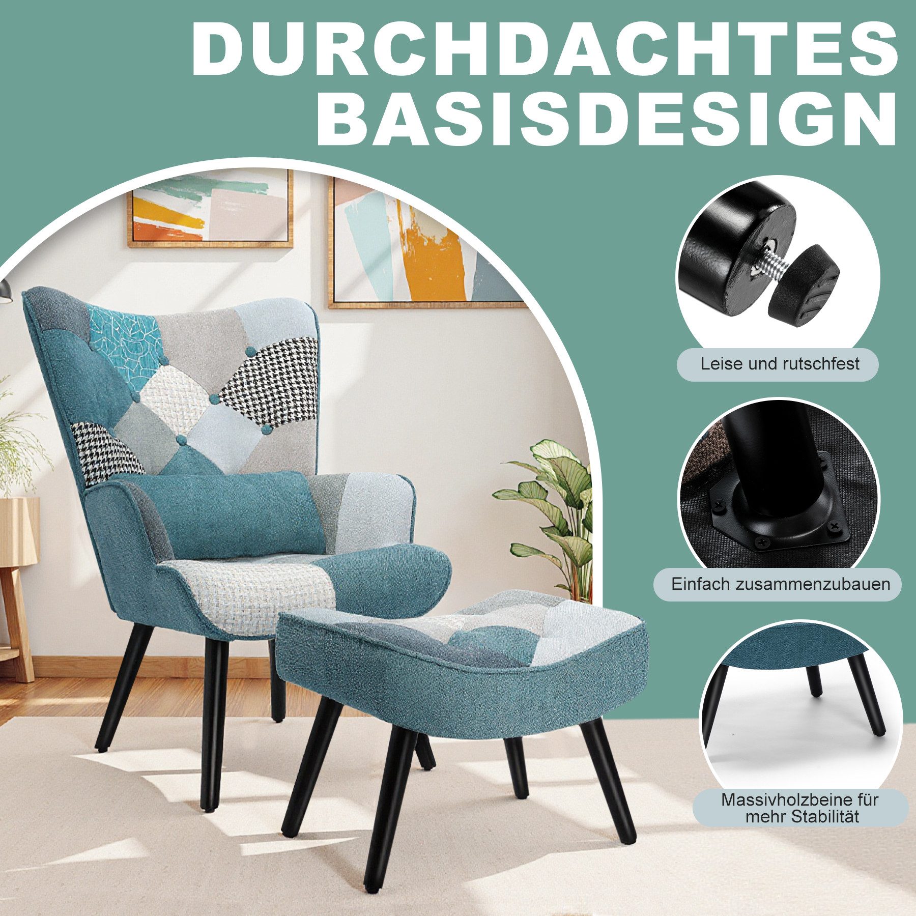 HomeMiYN Ohrensessel Relaxsessel Lehnstühle, Ohrensessel mit Hocker lesesessel, Chair
