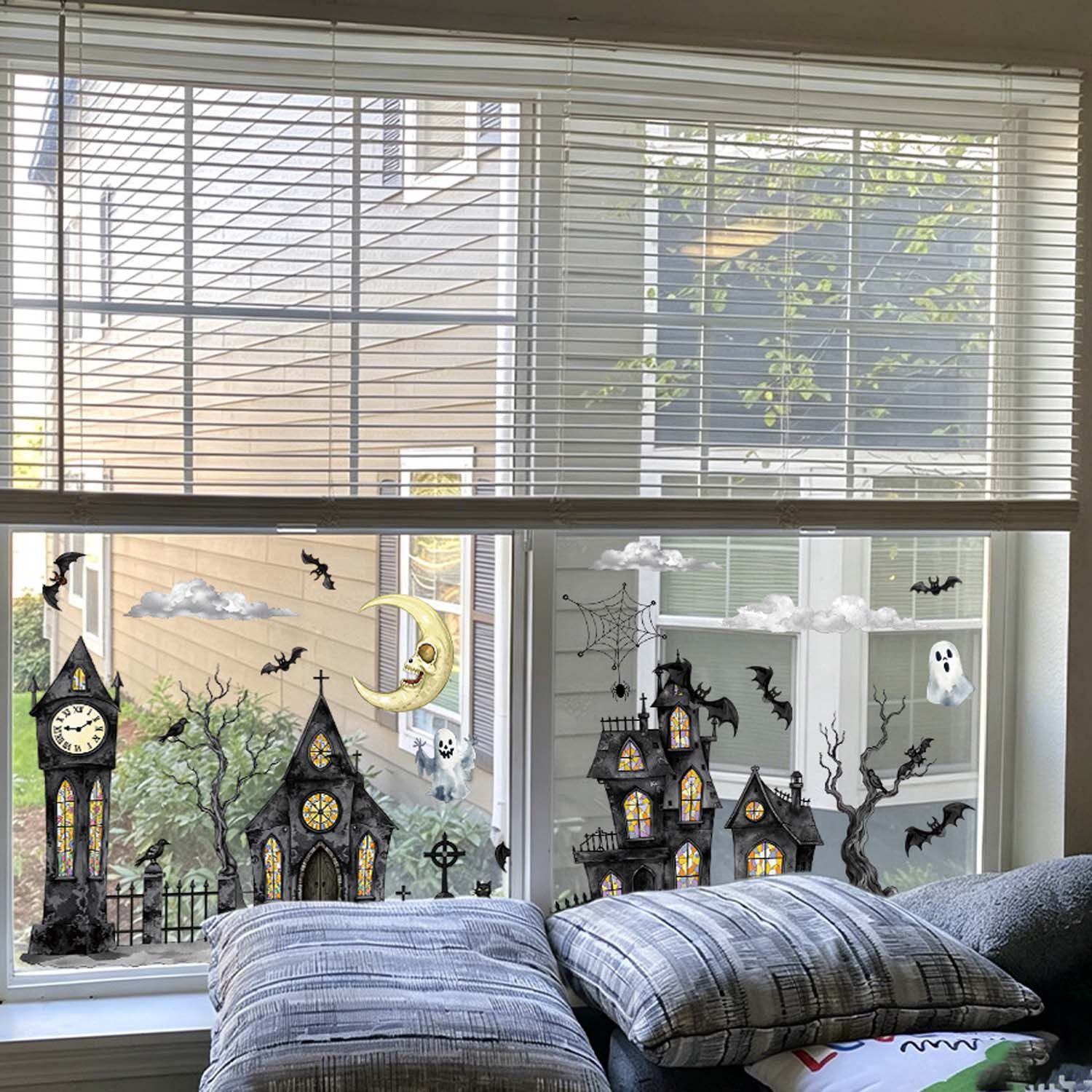 Sorvyzxn Fensterbild 2 Stück Halloween Town mit Geisterhäusern & Geistermond Muster – Bild 3 von 5