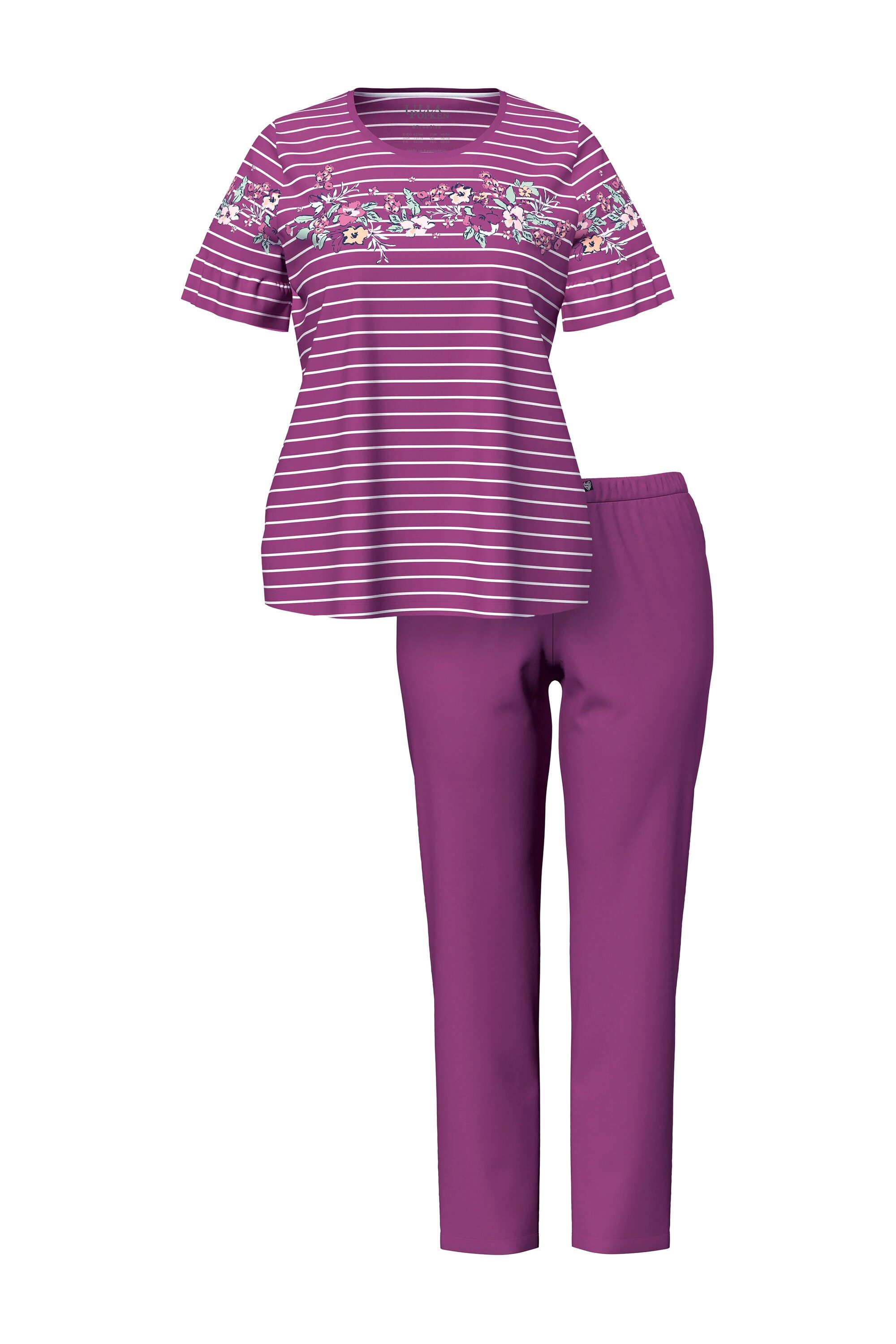 Ulla Popken Pyjama Pyjama Blütenstreifen Rundhals Volant-Halbarm