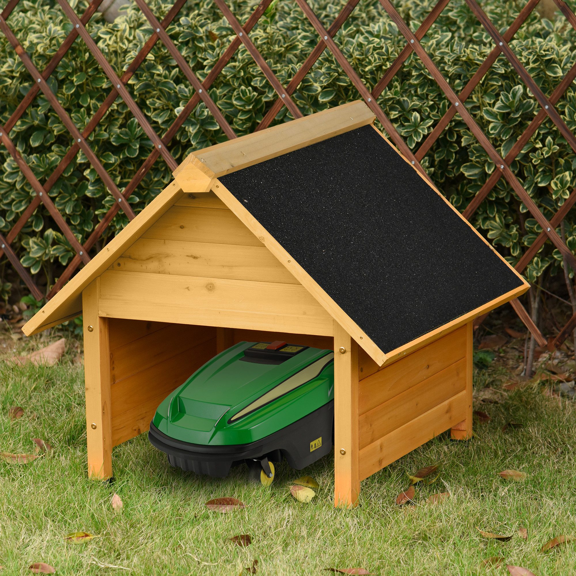 Outsunny Mähroboter-Garage Roboter Carport für Rasenroboter Sonnen- & Regenschutz, BxTxH: 75x76x70 cm, für Außenbereich, (Rasenmäher, 1-St., Holzgarage), für Garten, Balkon, Gelb