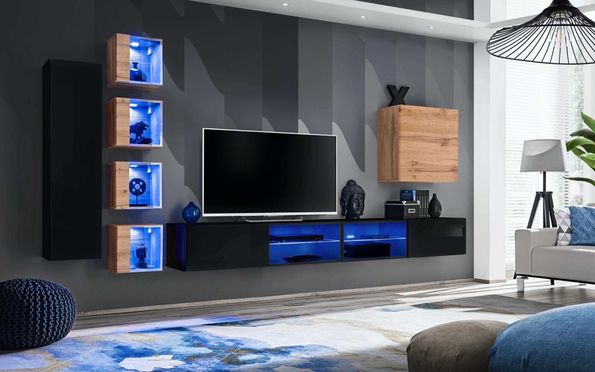 JVmoebel Wohnwand Modern Ständer Wandschrank, 2x TV Wandschrank), Designer 6x LED (8-St., + beleuchtet Luxus Wohnwand TV Einrichtung Ständer
