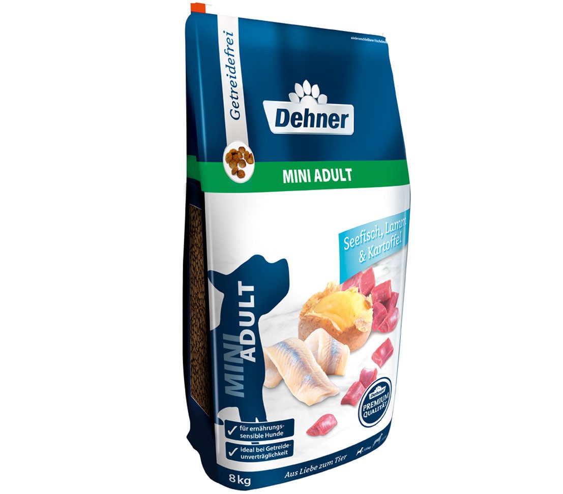 Dehner Premium Mini Adult Seefisch, 4 kg / 8 kg, getreidefrei Seefisch, Trockenfutter für: Hunde, Trockenfutter für ausgewachsene Hunde kleiner Rassen