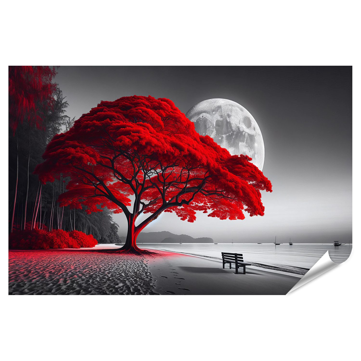 islandburner Leinwandbild Leuchtend Roter Baum an Einem Stillen Strand mit Vollmond
