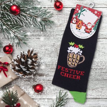 BRUBAKER Socken Herren Weihnachtssocken, Lustige Socken mit Weihnachtsmotiven EU 41-45 (Festive Cheer - Weihnachtsbier, 1-Paar, Männer Crew Socks Geschenk) Bunte Kuschelsocken für Weihnachtszeit Baumwolle