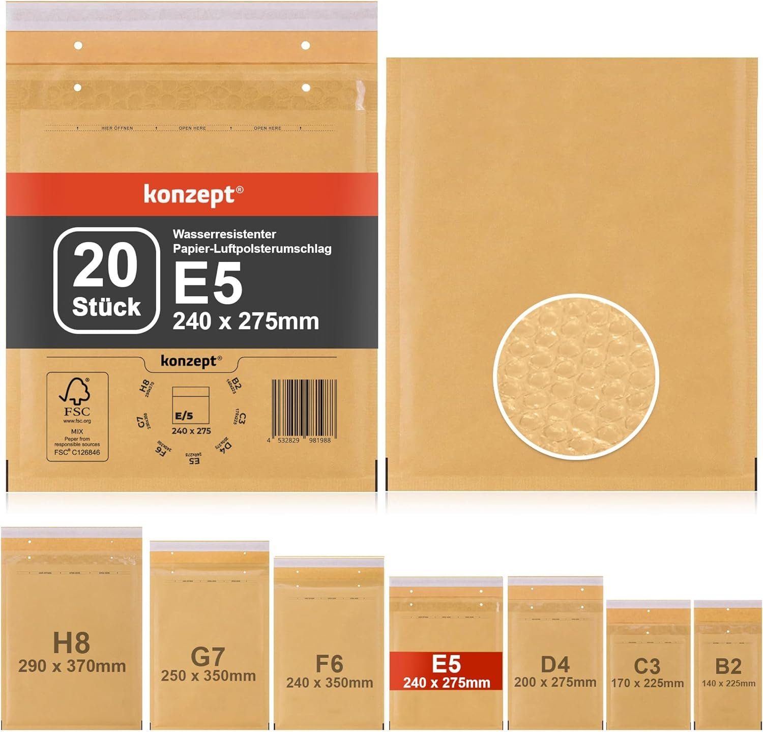 KONZEPT Versandtasche Luftpolsterumschläge, Gepolsterte Briefumschläge, Luftpolstertaschen für Brief, Unterlagen CD, Fotos, Bücher, Kleidung