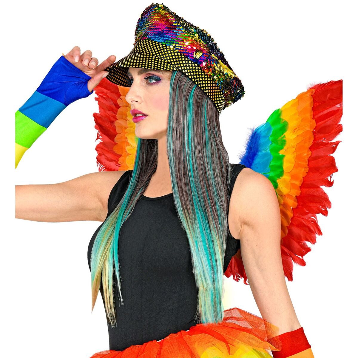 Widmann S.r.l. Kostüm WIDMANN Paillettenregenbogen Hut mit gesträhntem Haar mehrfarbig