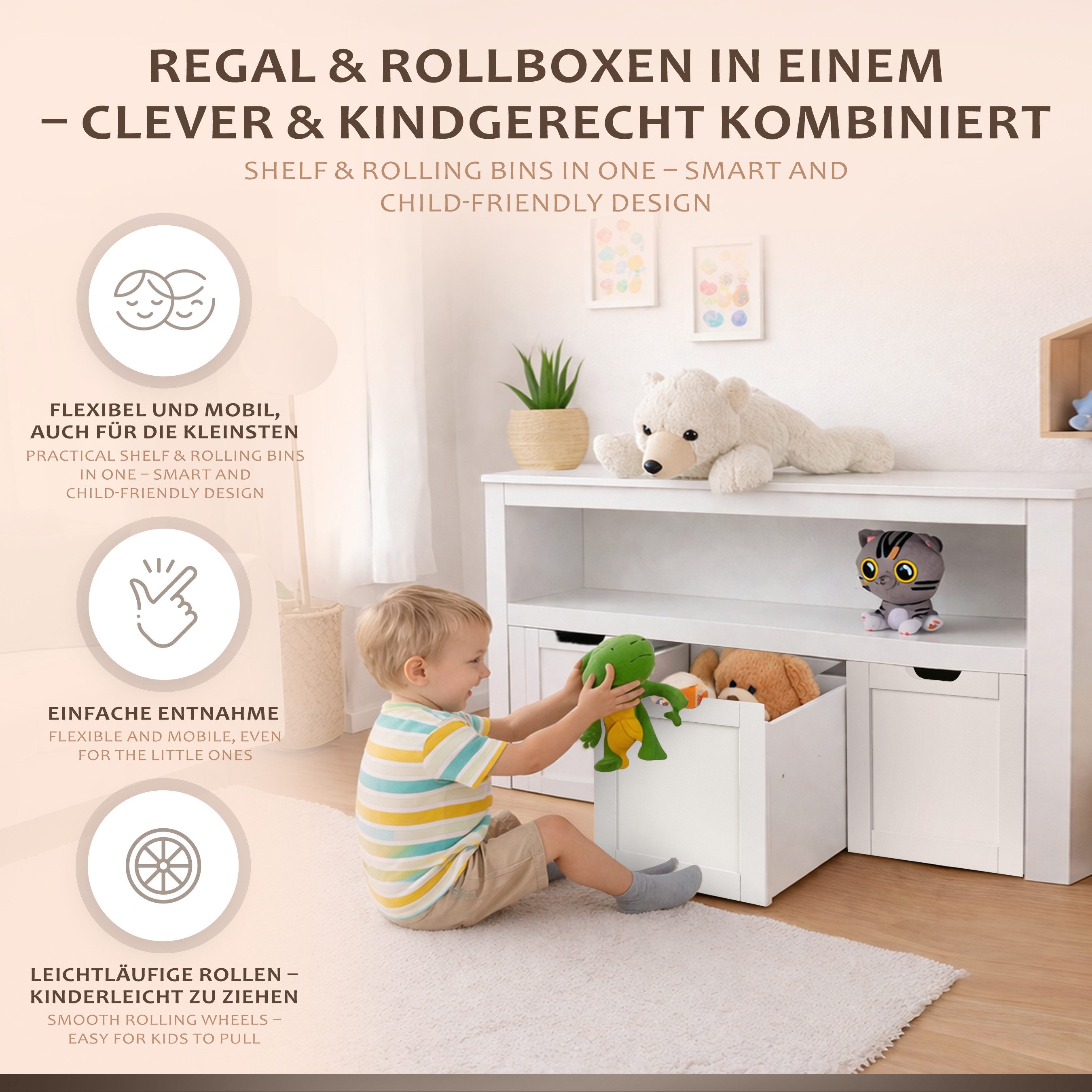 ONVAYA Sideboard mit Rollboxen - Bücherregal-Kuscheltier Aufbewahrung
