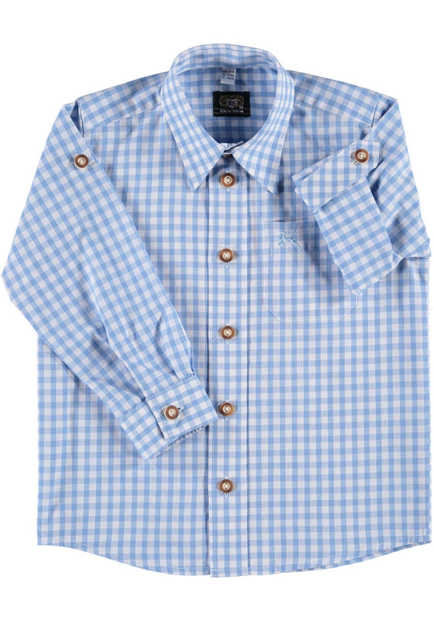 OS-Trachten Trachtenhemd Langarmhemd Hirsch-Stickerei Lafoa mit aufgesetzter hellblau/bleu Brusttasche mit Jungen
