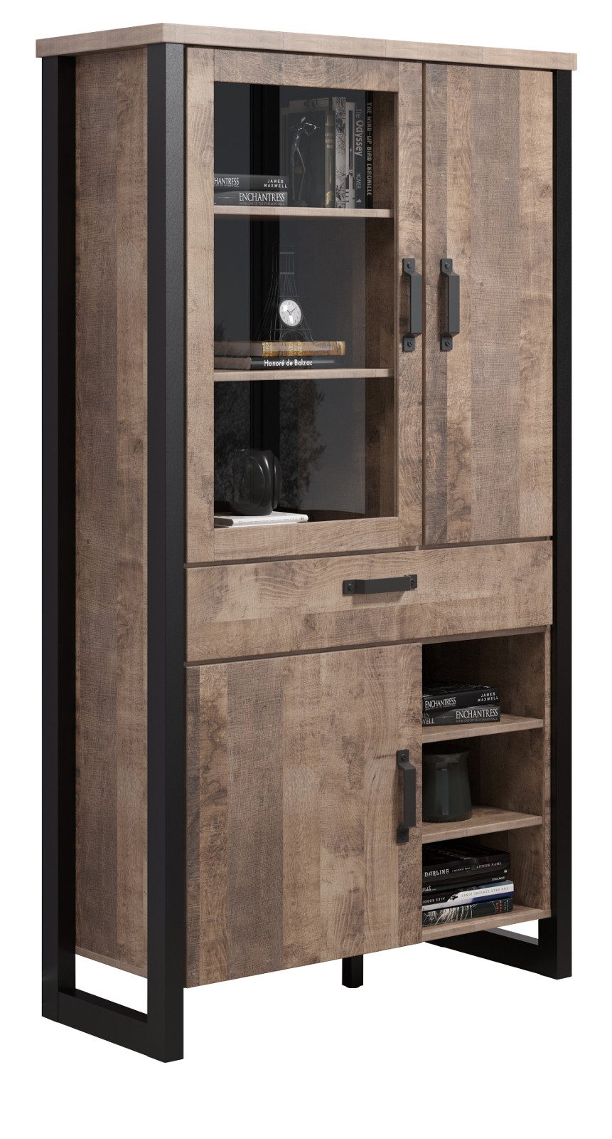 trendteam Stauraumvitrine Emile (Vitrinenschrank Eiche Tabak und schwarz, 106 x 195 cm) 11 Fächer