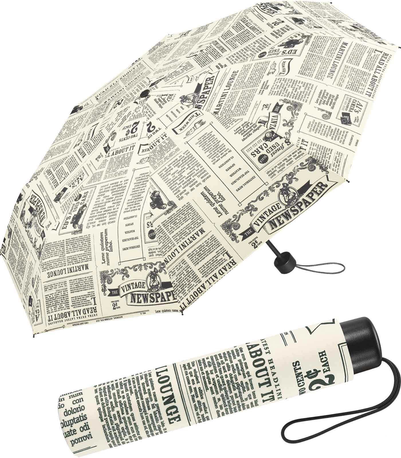 HAPPY RAIN Langregenschirm schlanker Damen-Regenschirm mit Handöffner, bedruckt mit Zeitungsmeldungen im Vintage-Stil