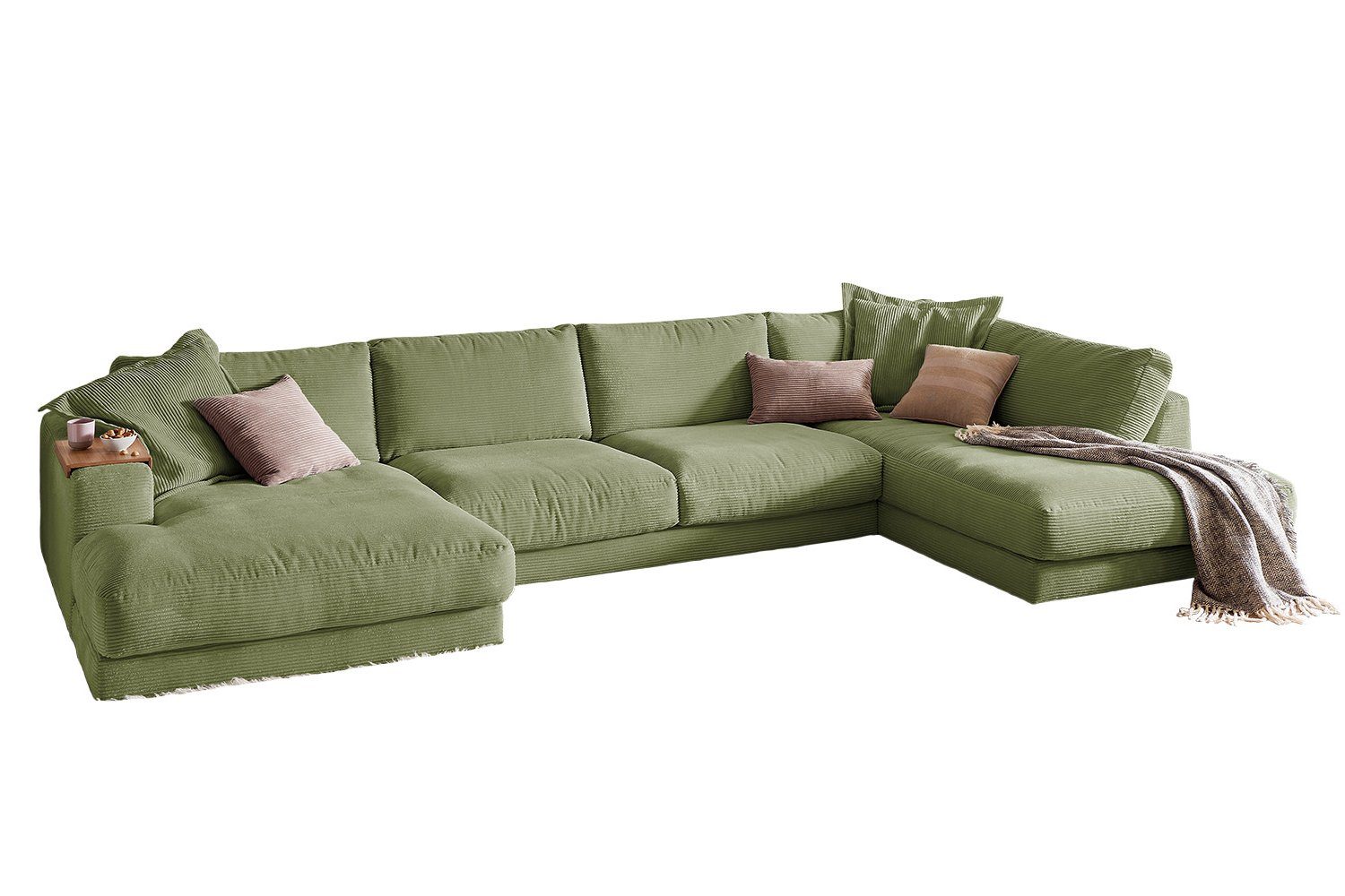 KAWOLA Wohnlandschaft MADELINE, Sofa od. versch. olivgrün U-Form Cord, rechts Longchair Farben links