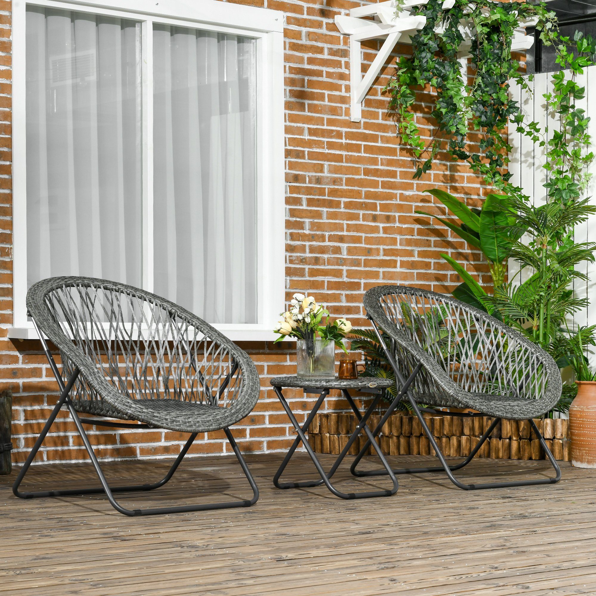 Outsunny Sitzgruppe mit Couchtisch, 2 Стільціn, (Balkonmöbel, 3-tlg., Gartensitzgruppe), für Balkon, Terrasse, Grau