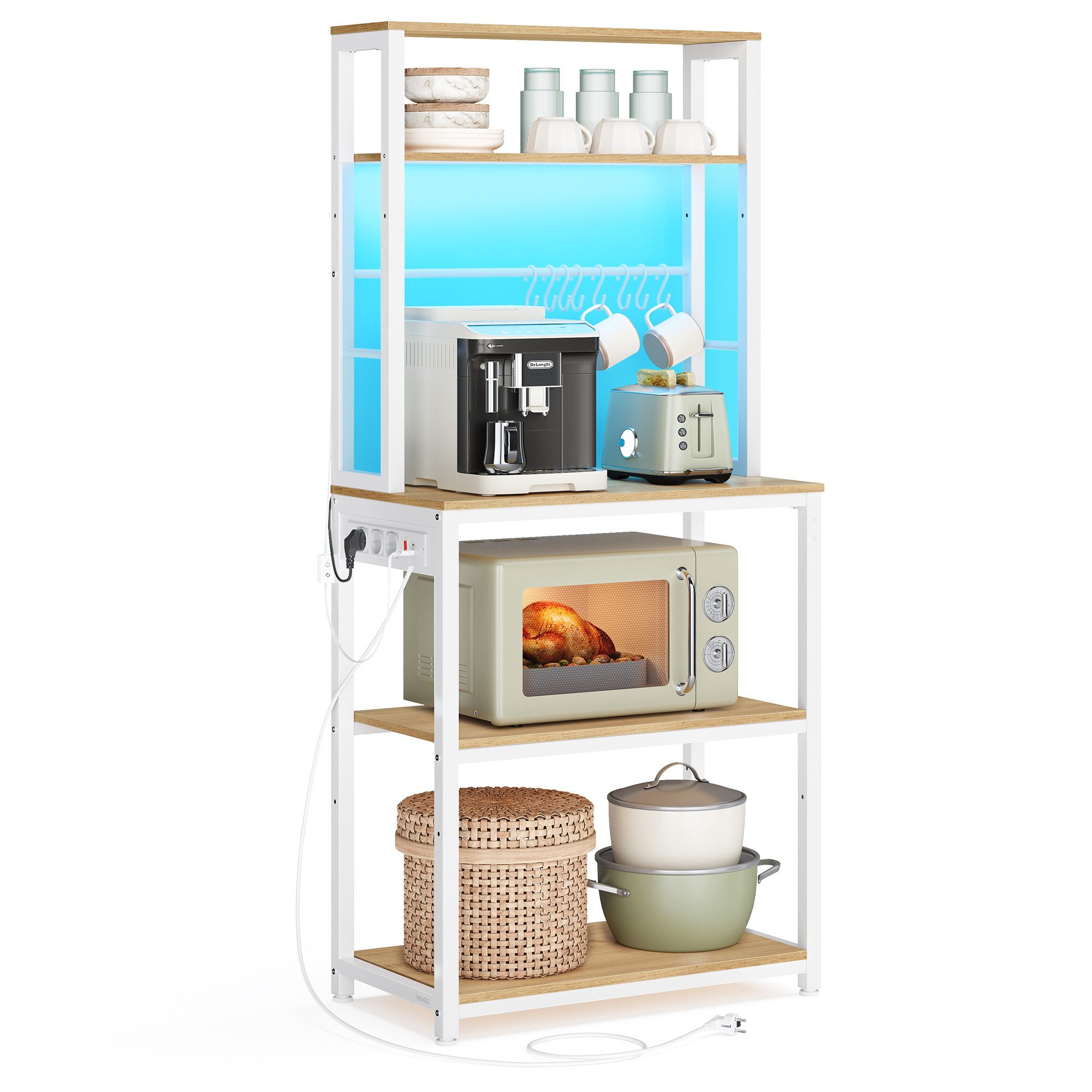 VASAGLE Standregal Küchenregal mit LED-Beleuchtung, Steckdosen, 8 Haken, mit verstellbaren Ablagen, 60 cm Breite, gesamtbelastbarkeit 190,4 kg