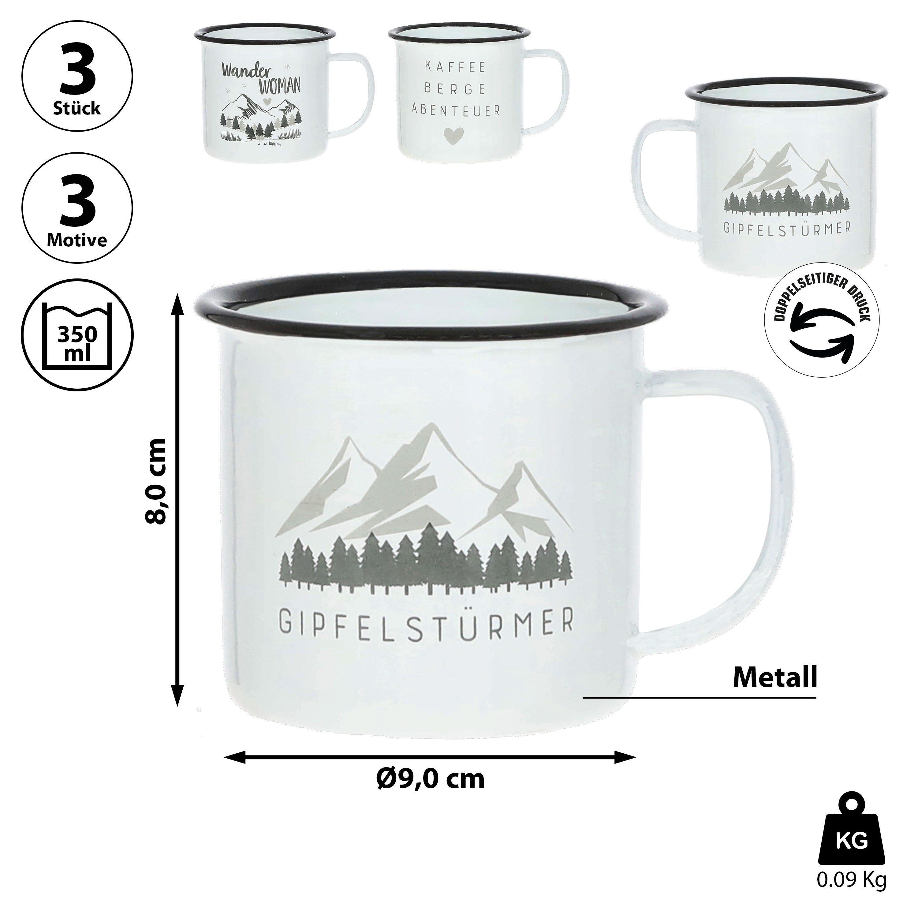 CEPEWA Tasse Kaffeebecher 3er Set 'Mountain' 9x8cm Metall Bergmotiv Tasse 350 ml