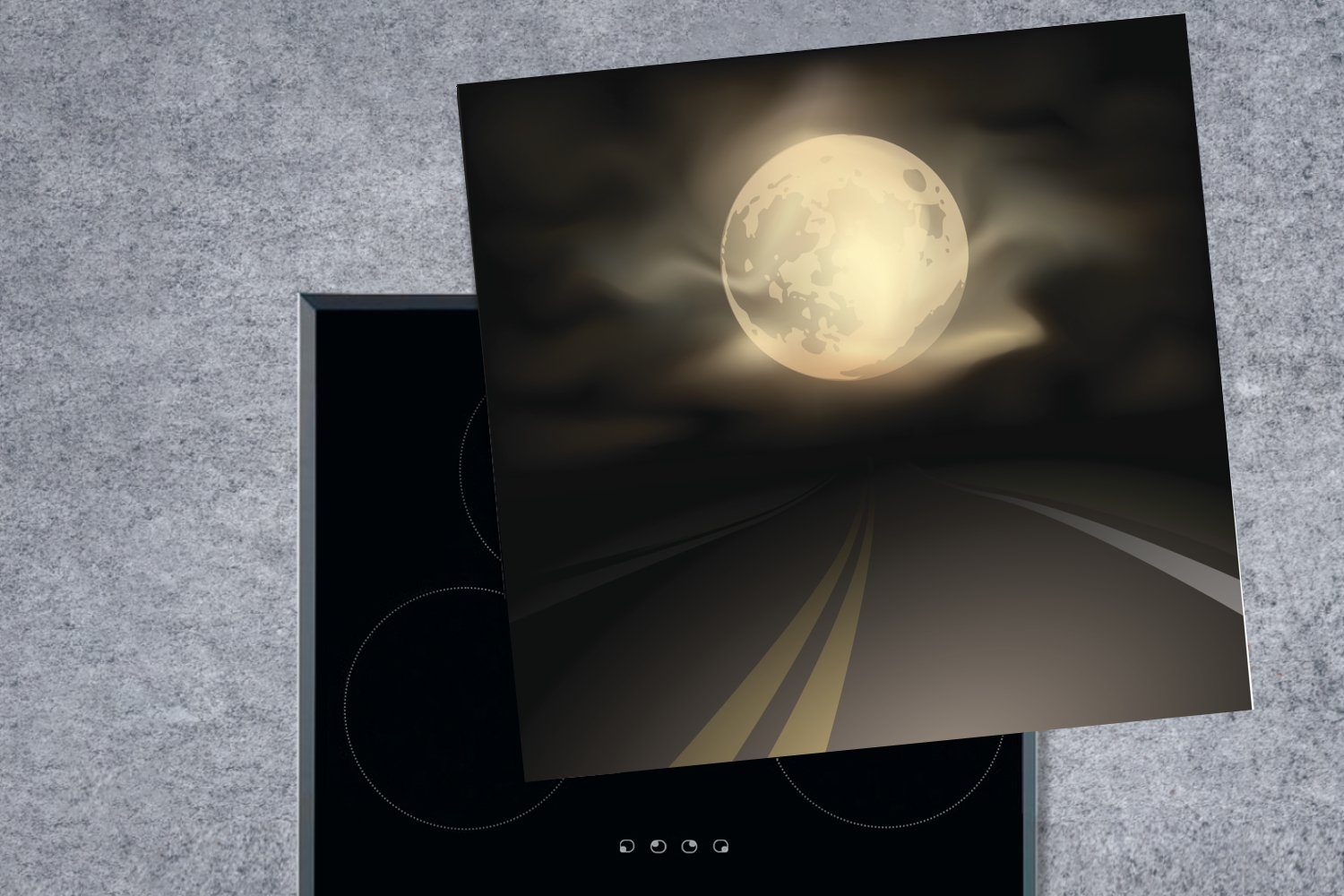 Mond, Autobahn 78x78 tlg), Arbeitsplatte MuchoWow Herdblende-/Abdeckplatte dem für unter Eine (1 nächtlichen cm, einer Vinyl, Ceranfeldabdeckung, küche Illustration