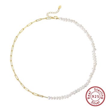 ROUGEMONT Perlenkette Handgefertigte Perlen Halskette 925 Silber 18 K Gold Gliederkette, Echte Zuchtperlen
